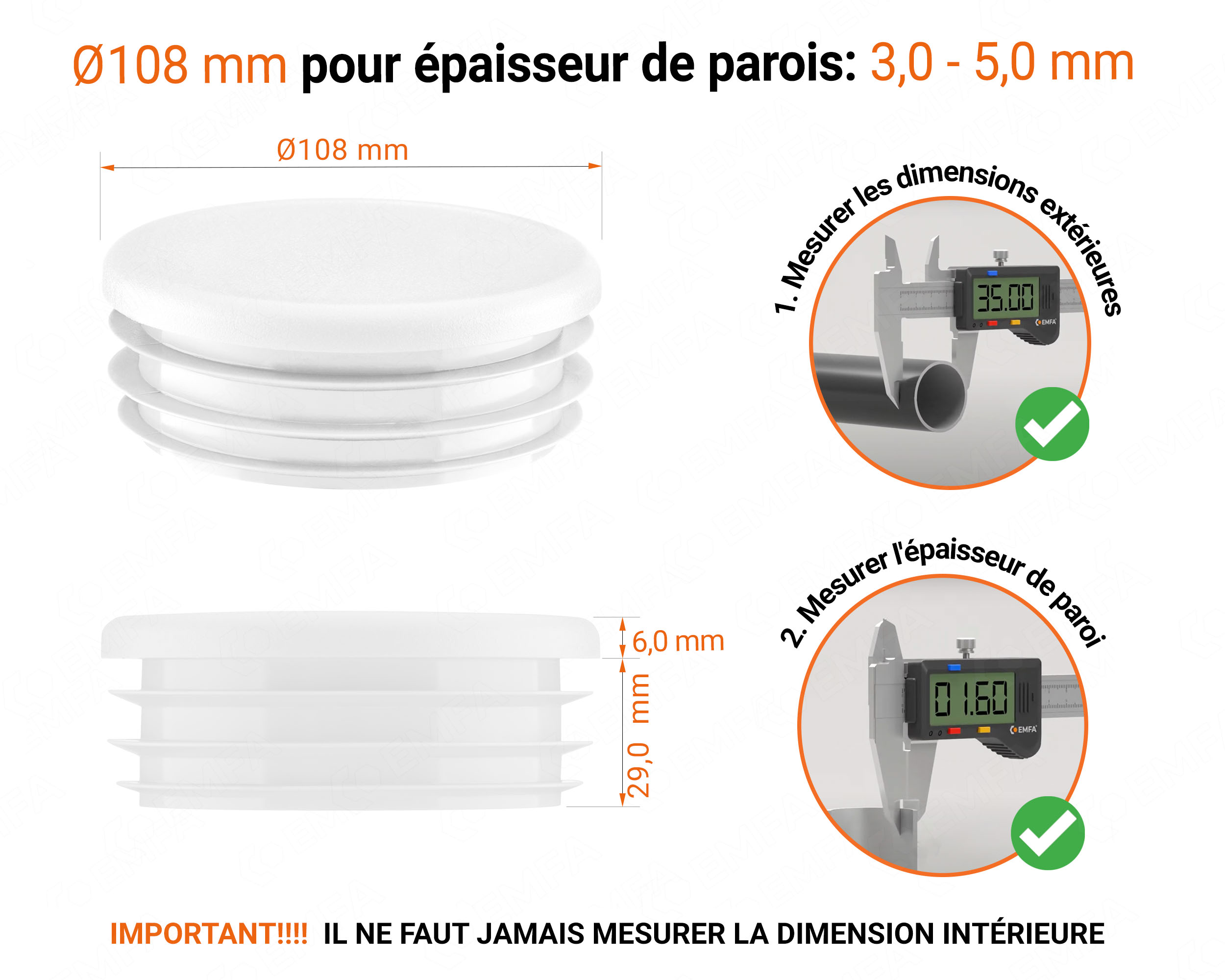 Embout blanc_x005F pour tube rond de 108 mm avec dimensions techniques et guide de mesure correcte du bouchon plastique.