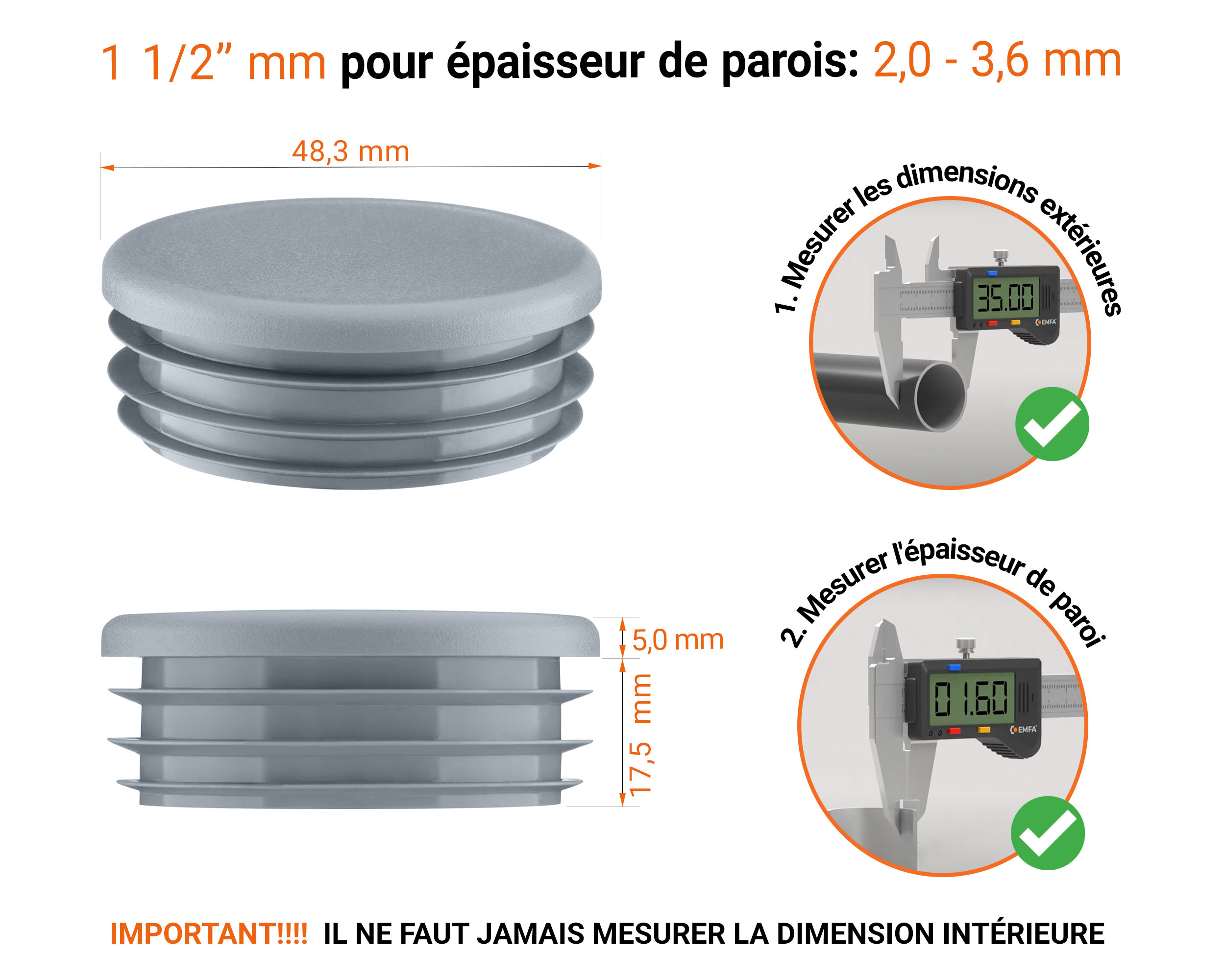 Embout gris pour tube rond de 1 1/2