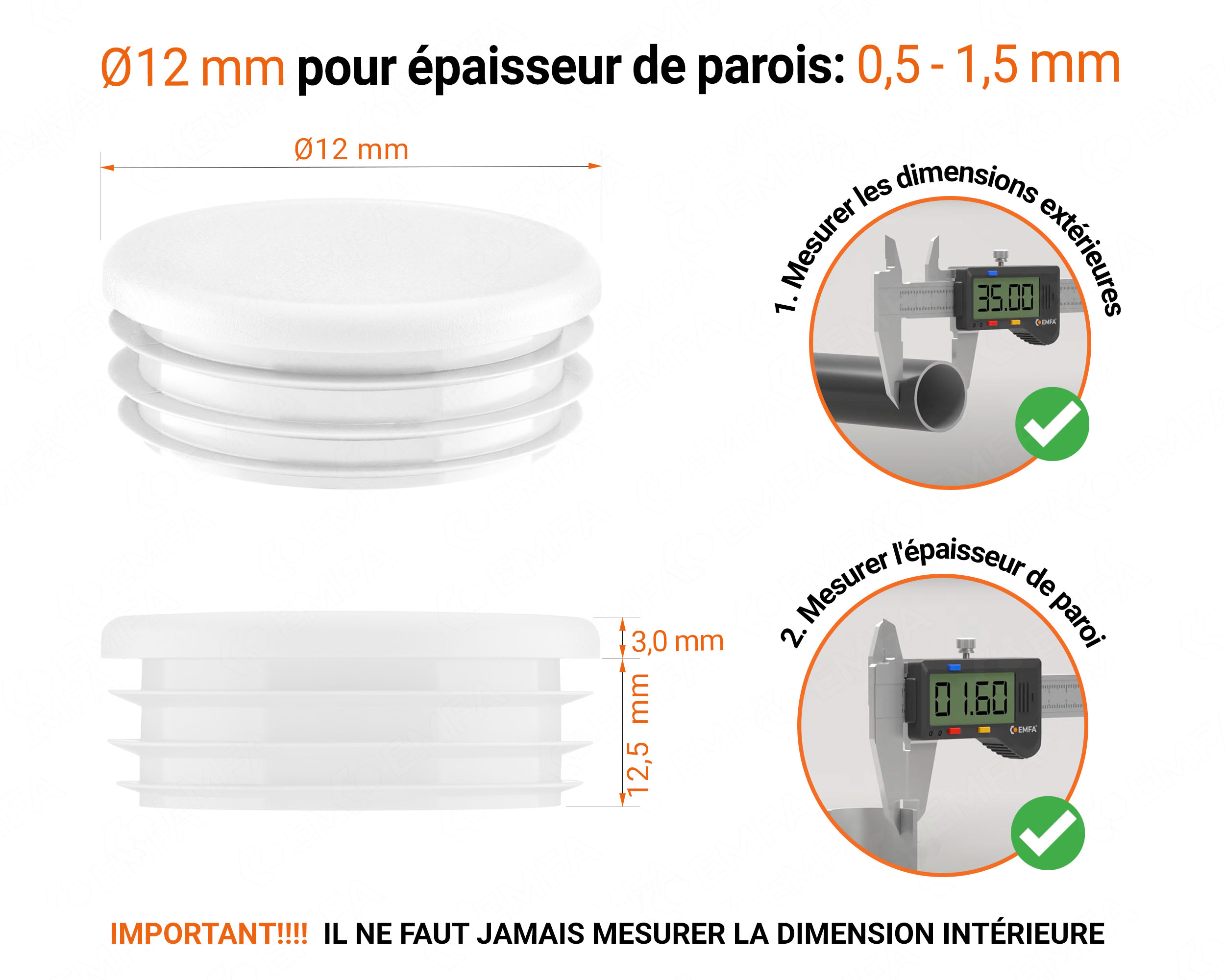 Embout blanc_x005F pour tube rond de 12 mm avec dimensions techniques et guide de mesure correcte du bouchon plastique.