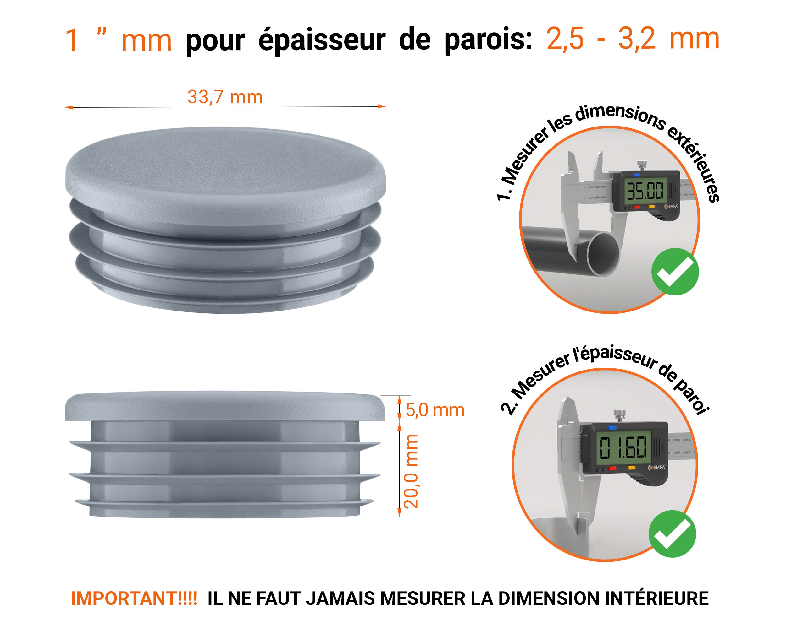 Embout gris pour tube rond de 1