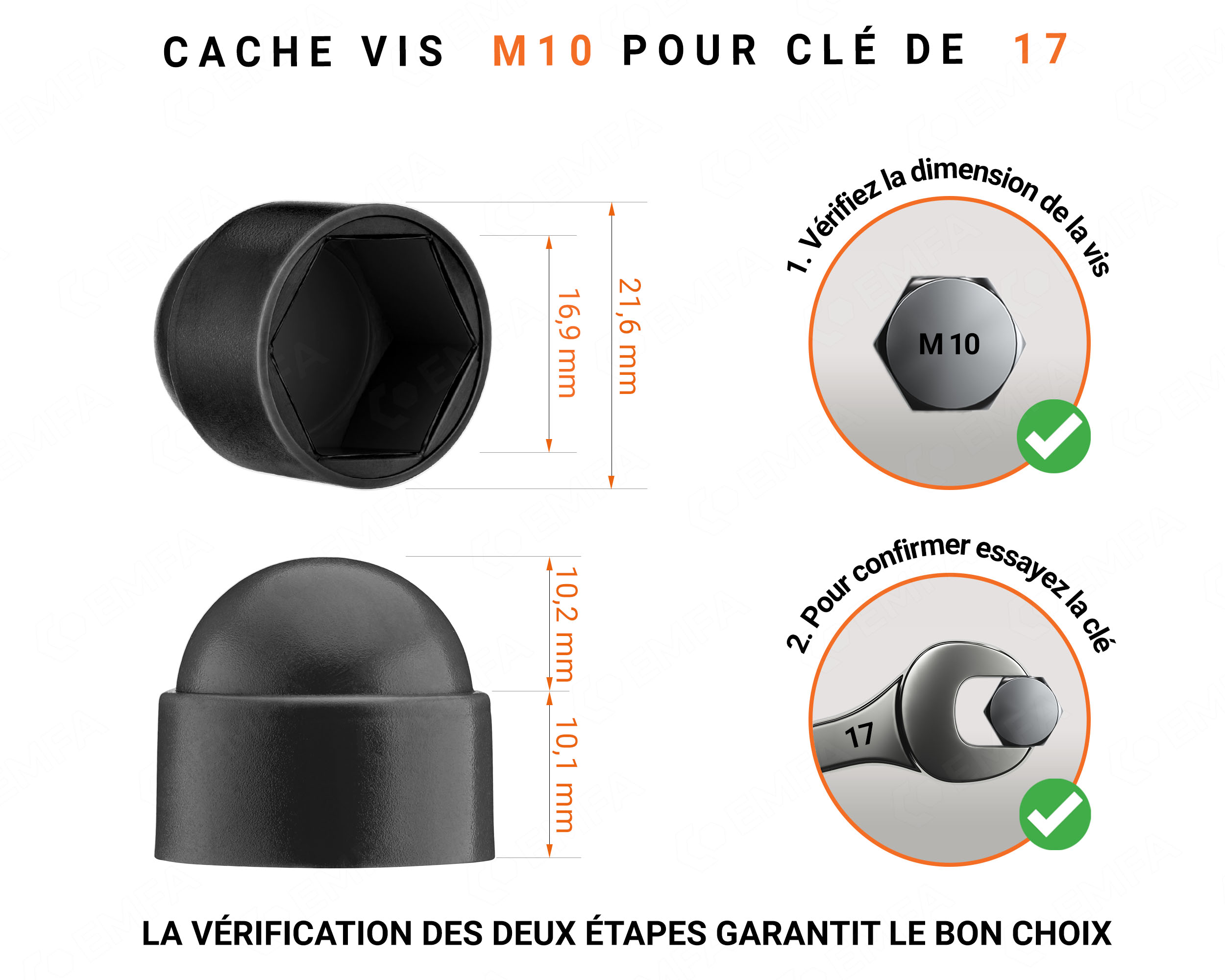 Cache écrou M10 et clé de 17 en couleur noir avec dimensions et guide de mesure correcte du cache vis plastique.