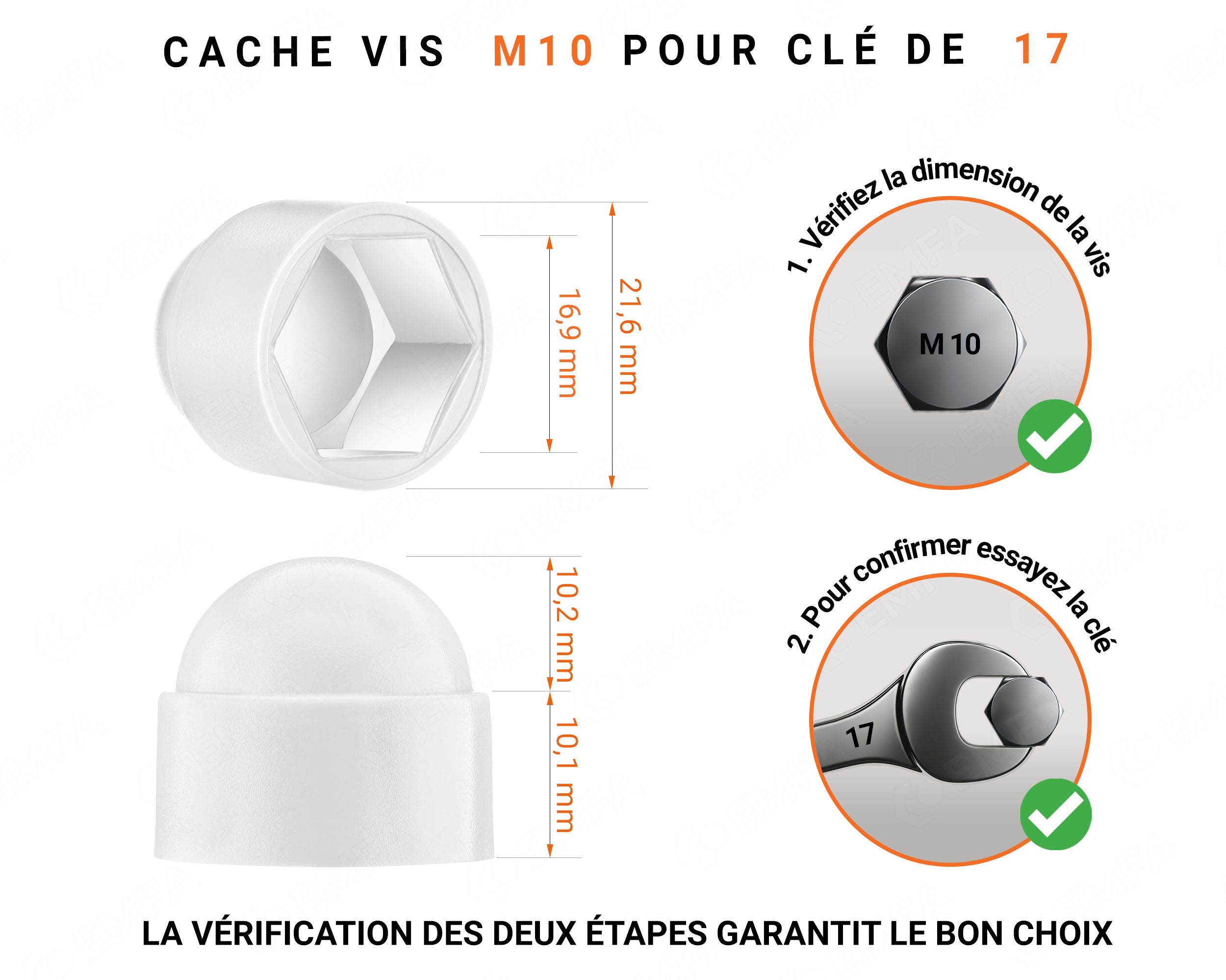 Cache écrou M10 et clé de 17 en couleur blanc avec dimensions et guide de mesure correcte du cache vis plastique.