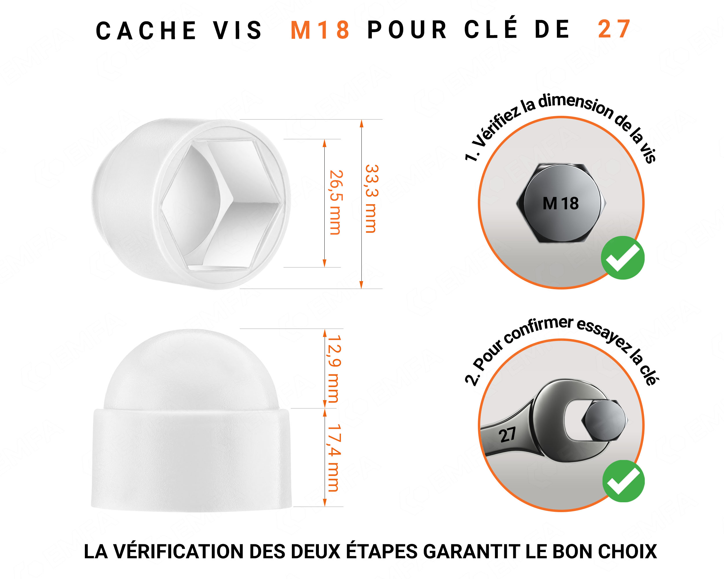 Cache écrou M18 et clé de 27 en couleur blanc avec dimensions et guide de mesure correcte du cache vis plastique.