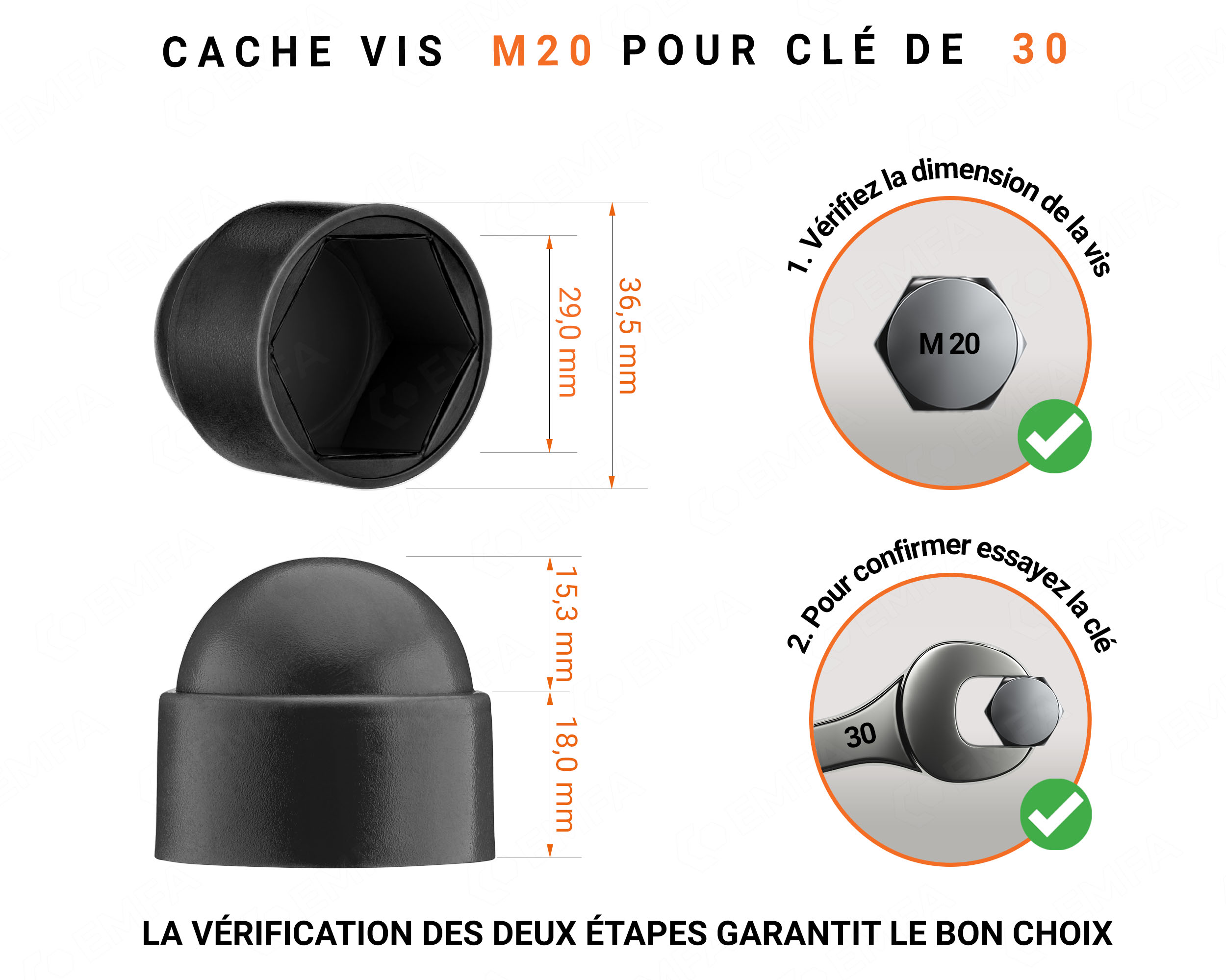 Cache écrou M20 et clé de 30 en couleur noir avec dimensions et guide de mesure correcte du cache vis plastique.