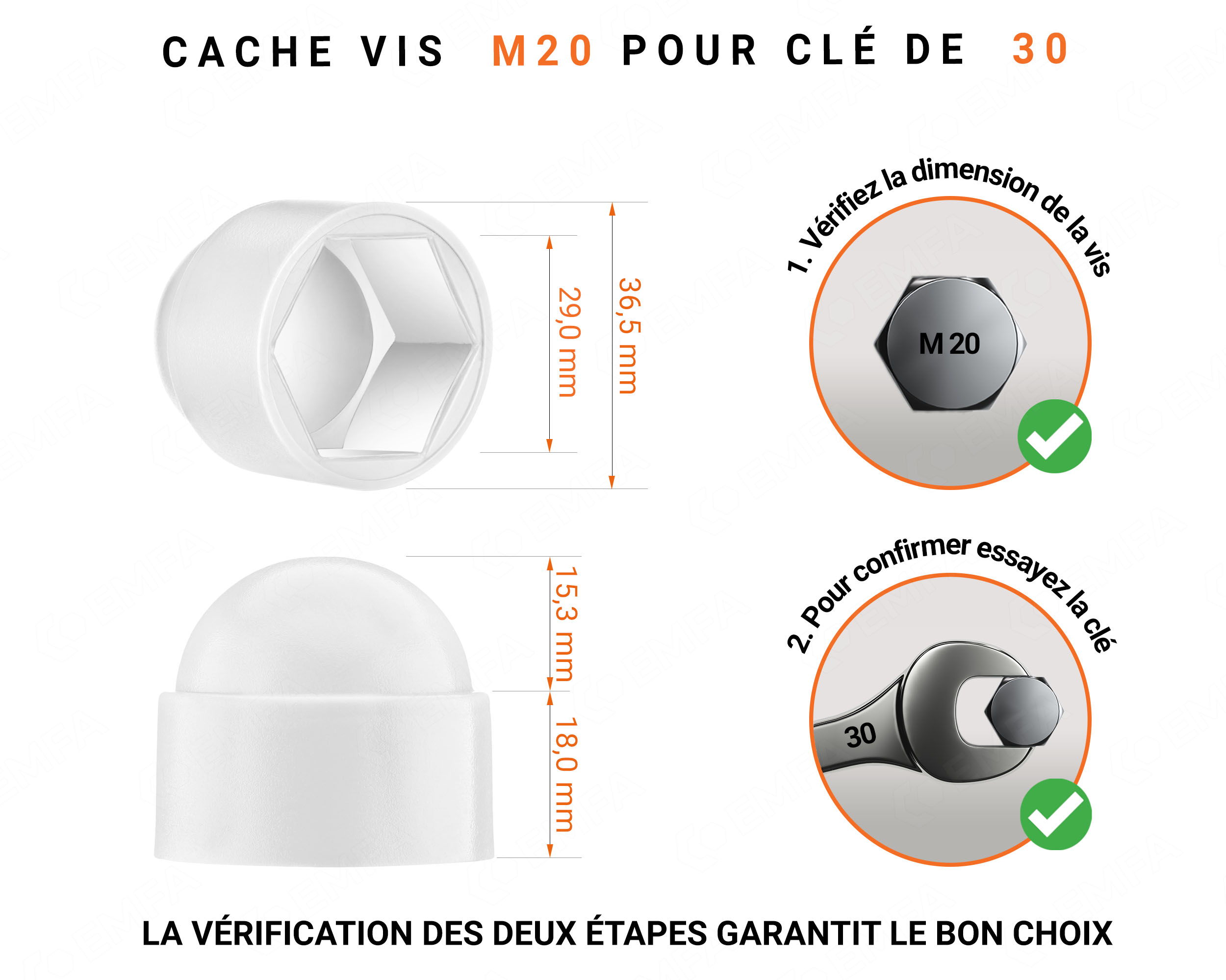 Cache écrou M20 et clé de 30 en couleur blanc avec dimensions et guide de mesure correcte du cache vis plastique.