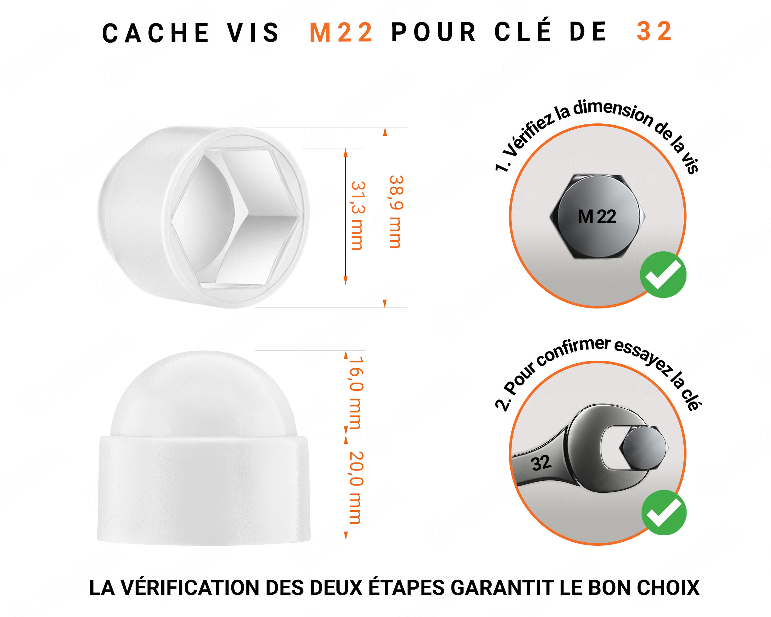 Cache écrou M22 et clé de 32 en couleur blanc avec dimensions et guide de mesure correcte du cache vis plastique.