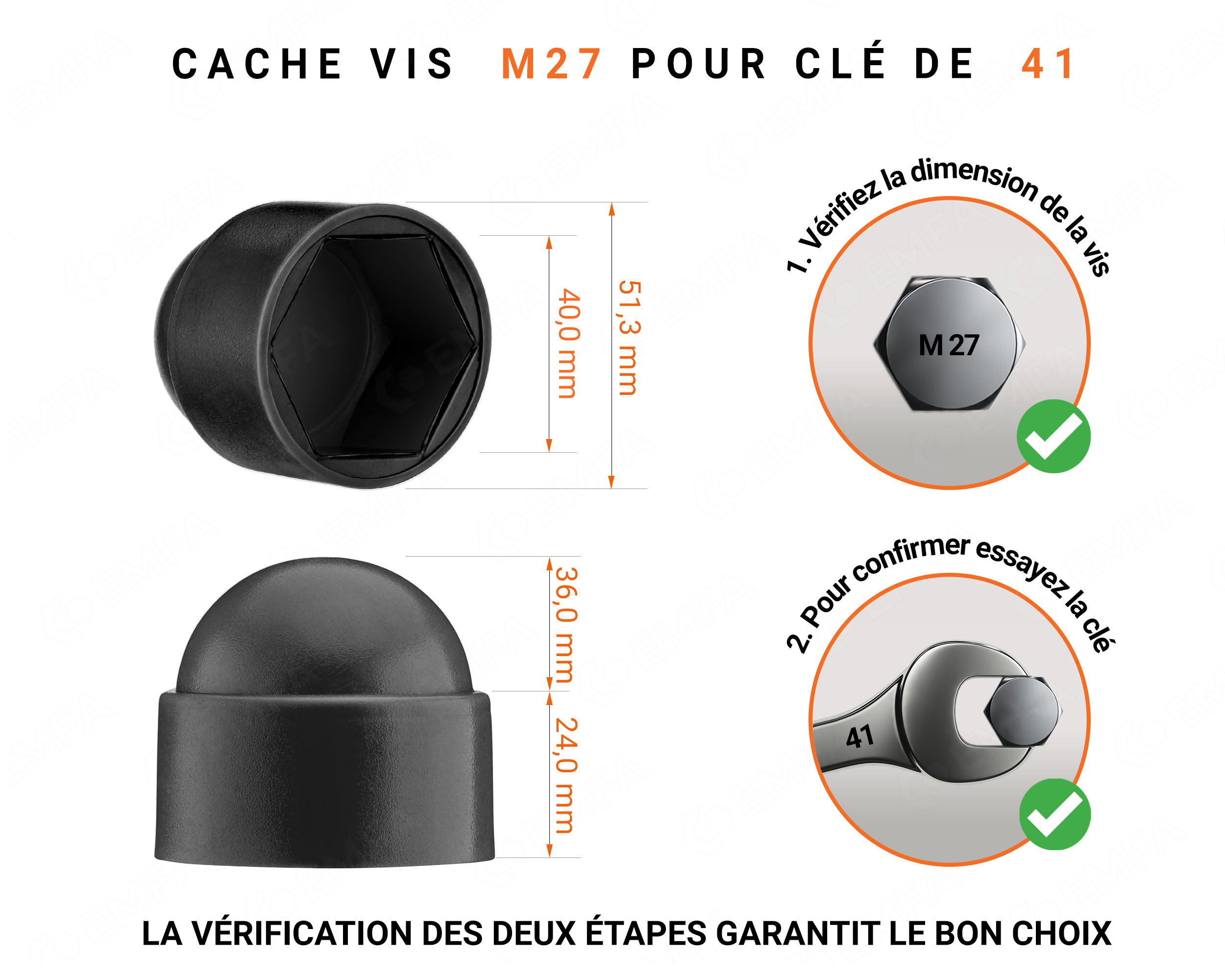 Cache écrou M27 et clé de 41 en couleur noir avec dimensions et guide de mesure correcte du cache vis plastique.