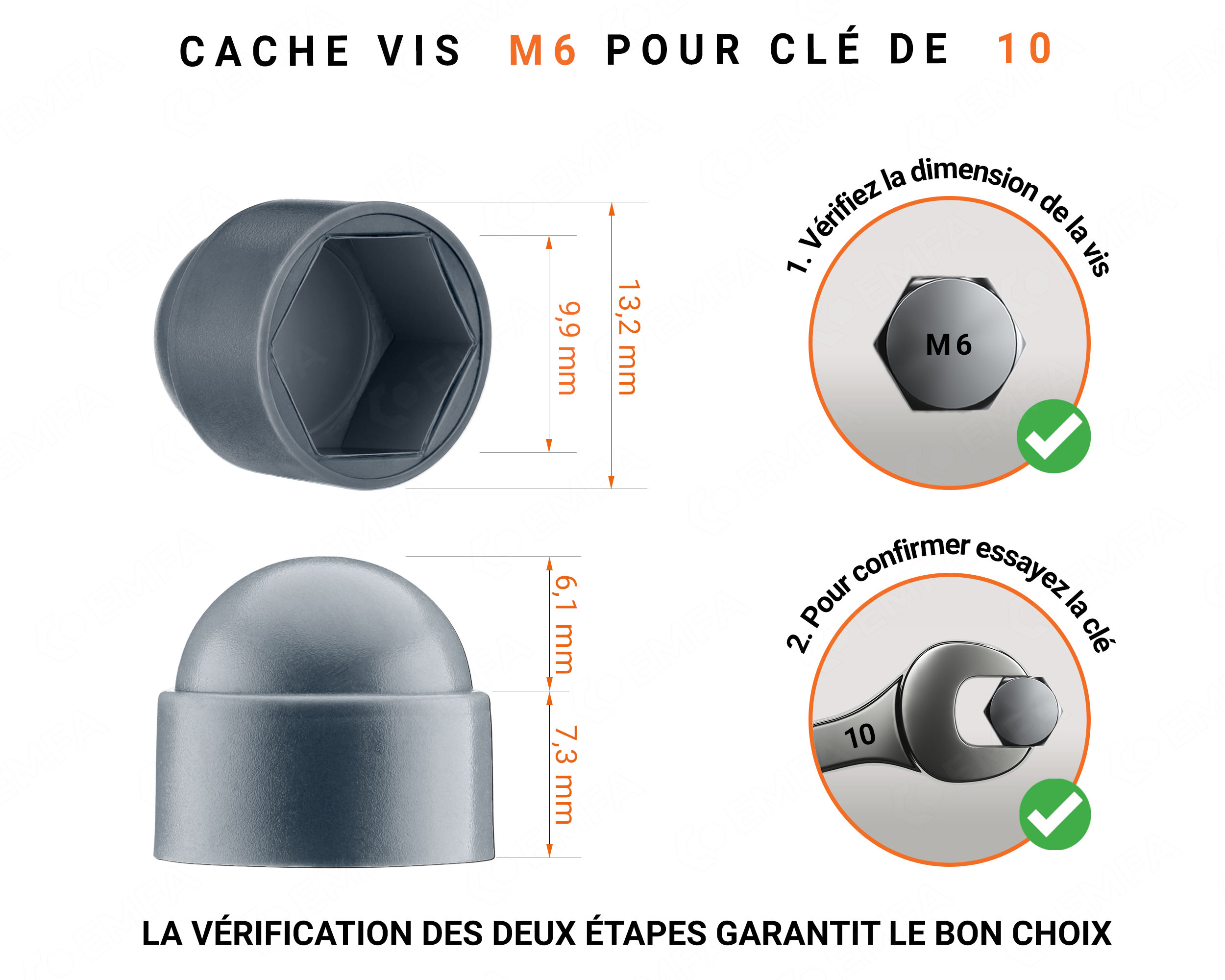 Cache écrou M6 et clé de 10 en couleur anthracite avec dimensions et guide de mesure correcte du cache vis plastique.