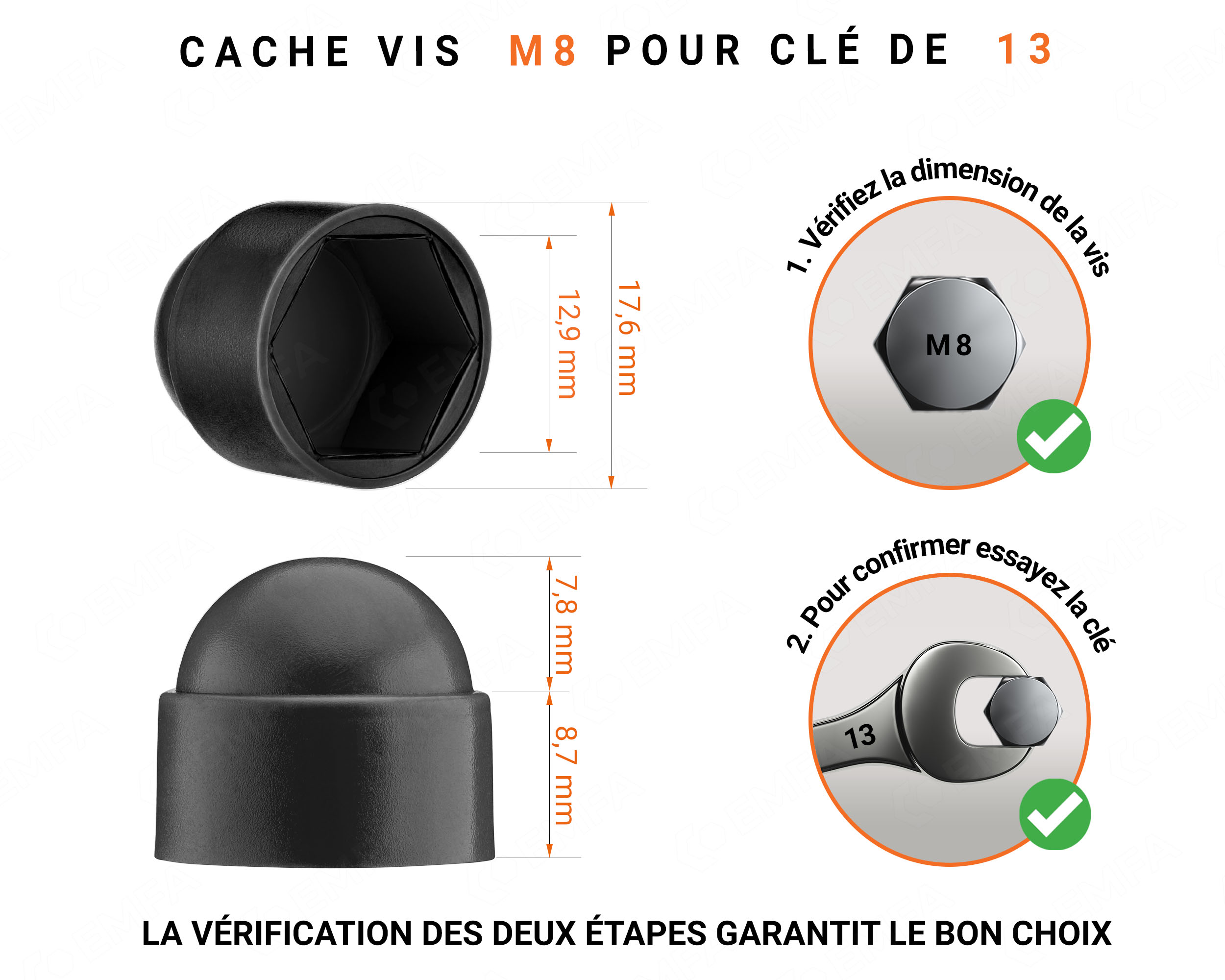 Cache écrou M8 et clé de 13 en couleur noir avec dimensions et guide de mesure correcte du cache vis plastique.