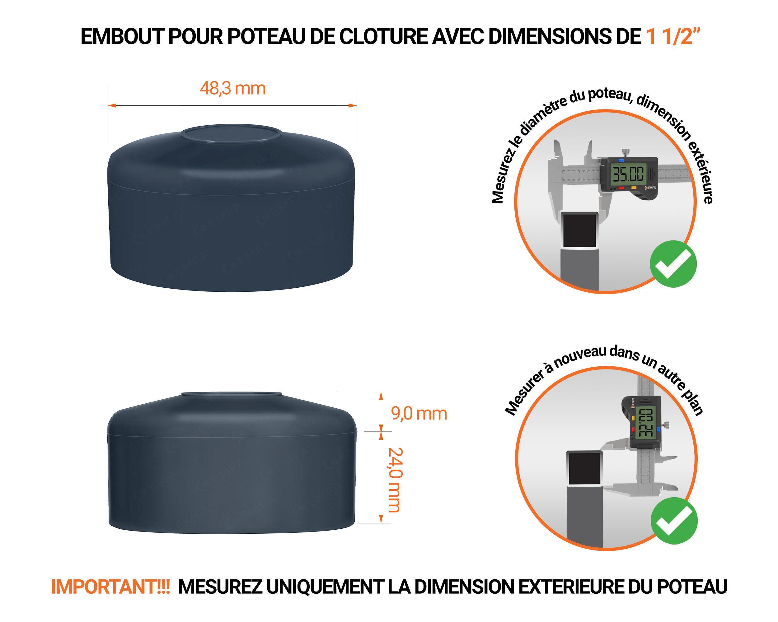 Capuchons pour poteaux ronds de couleur anthracite. Embout plastique pour des dimensions de poteaux de 1 1/2