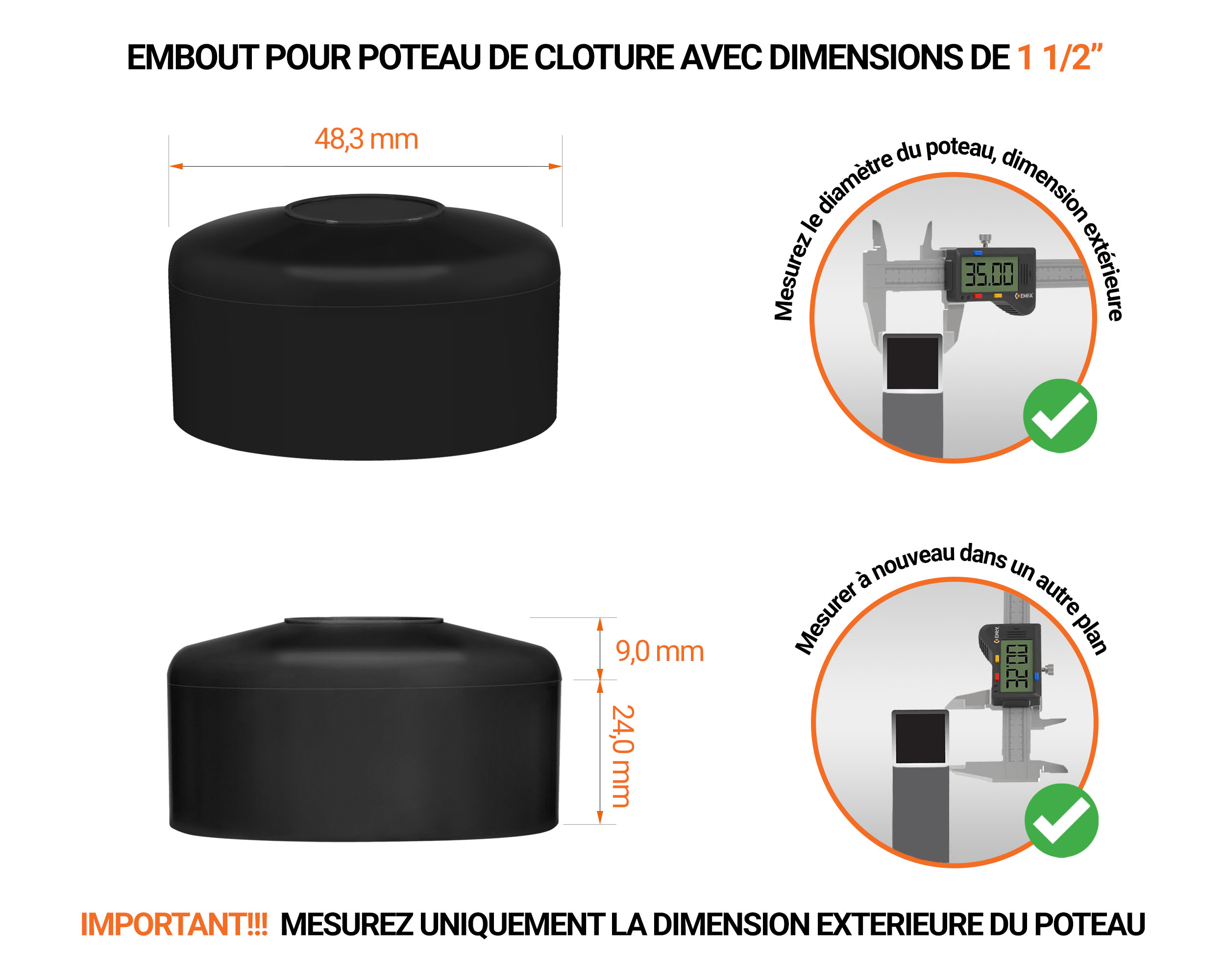 Capuchons pour poteaux ronds de couleur noir. Embout plastique pour des dimensions de poteaux de 1 1/2