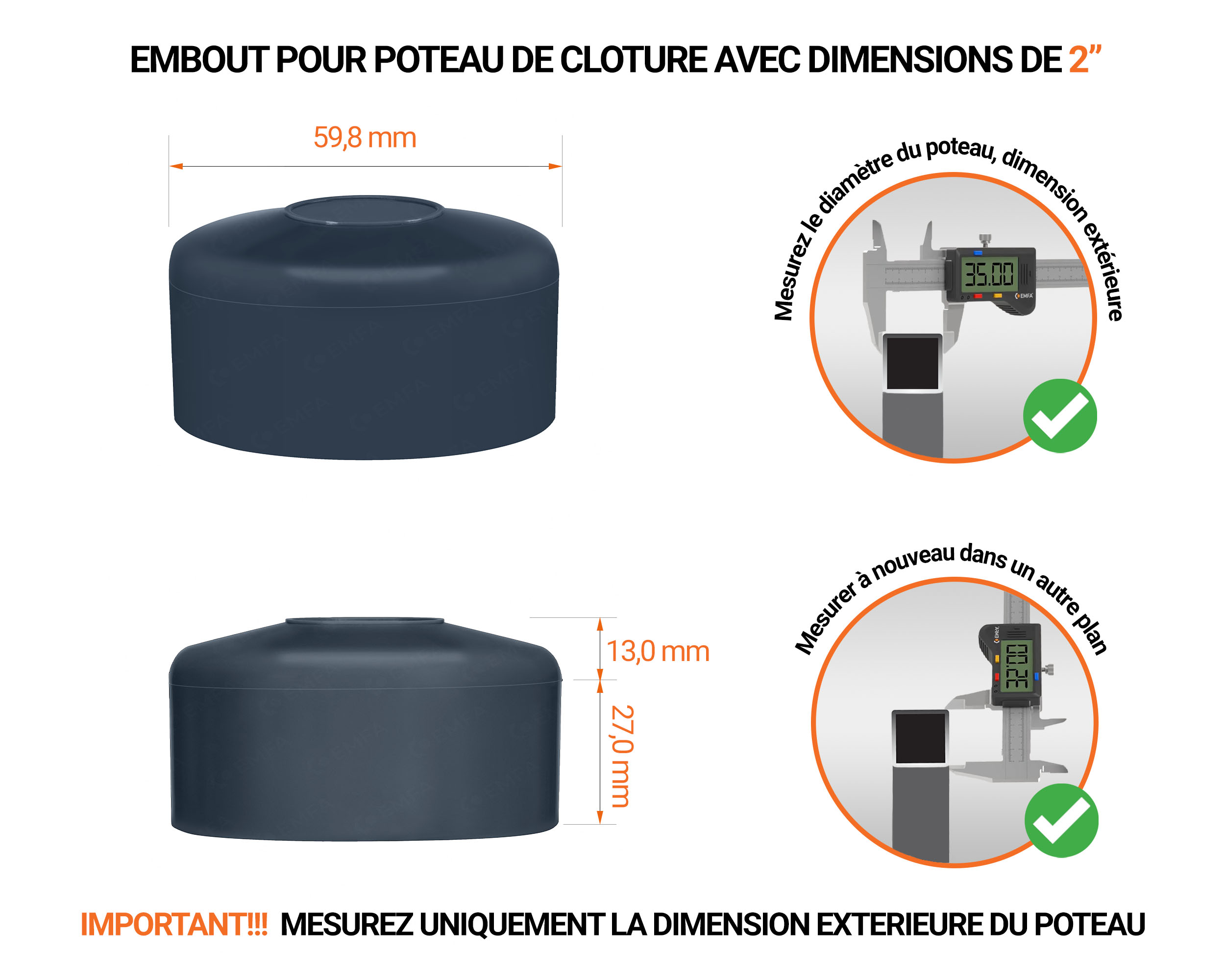 Capuchons pour poteaux ronds de couleur anthracite. Embout plastique pour des dimensions de poteaux de 2