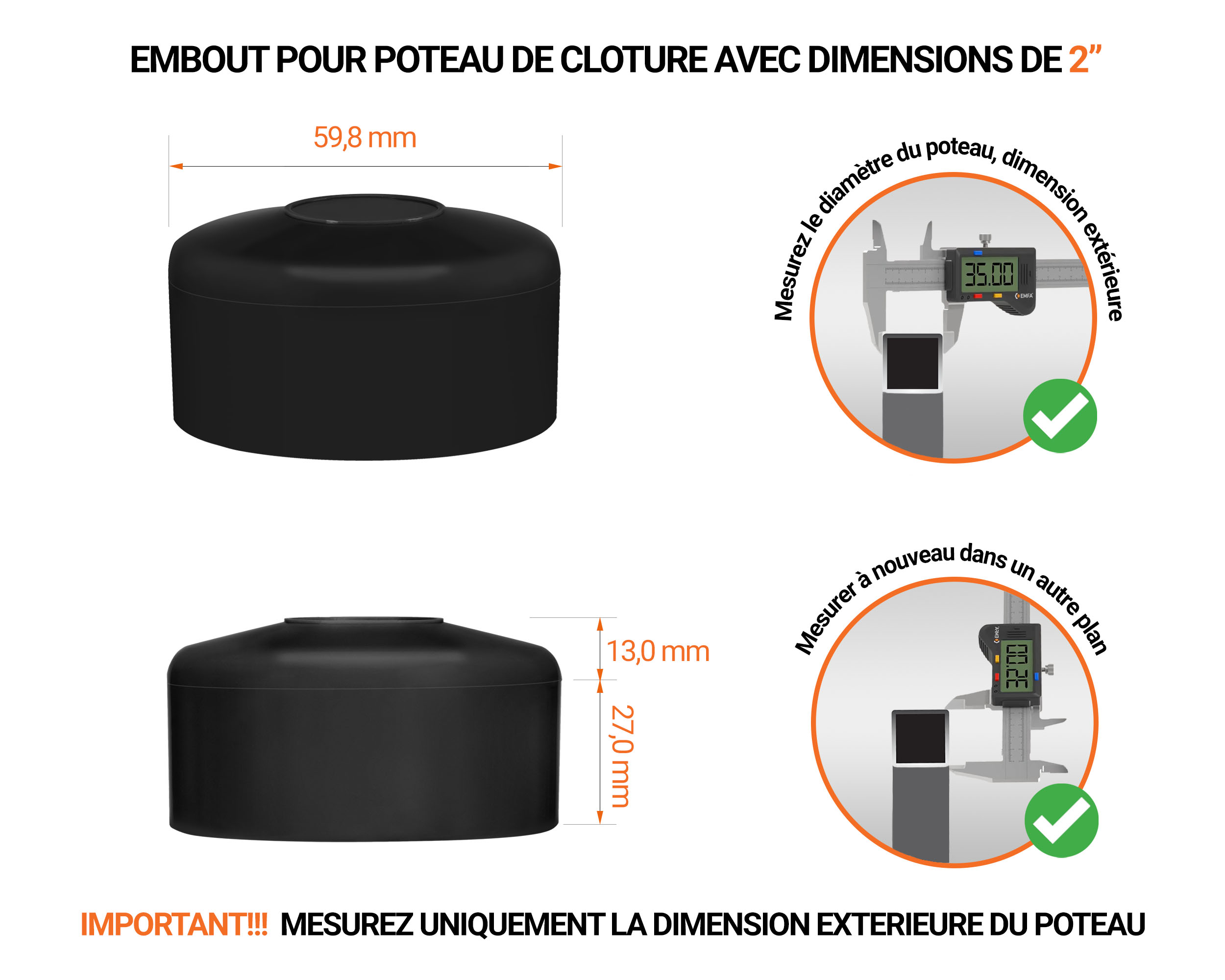 Capuchons pour poteaux ronds de couleur noir. Embout plastique pour des dimensions de poteaux de 2