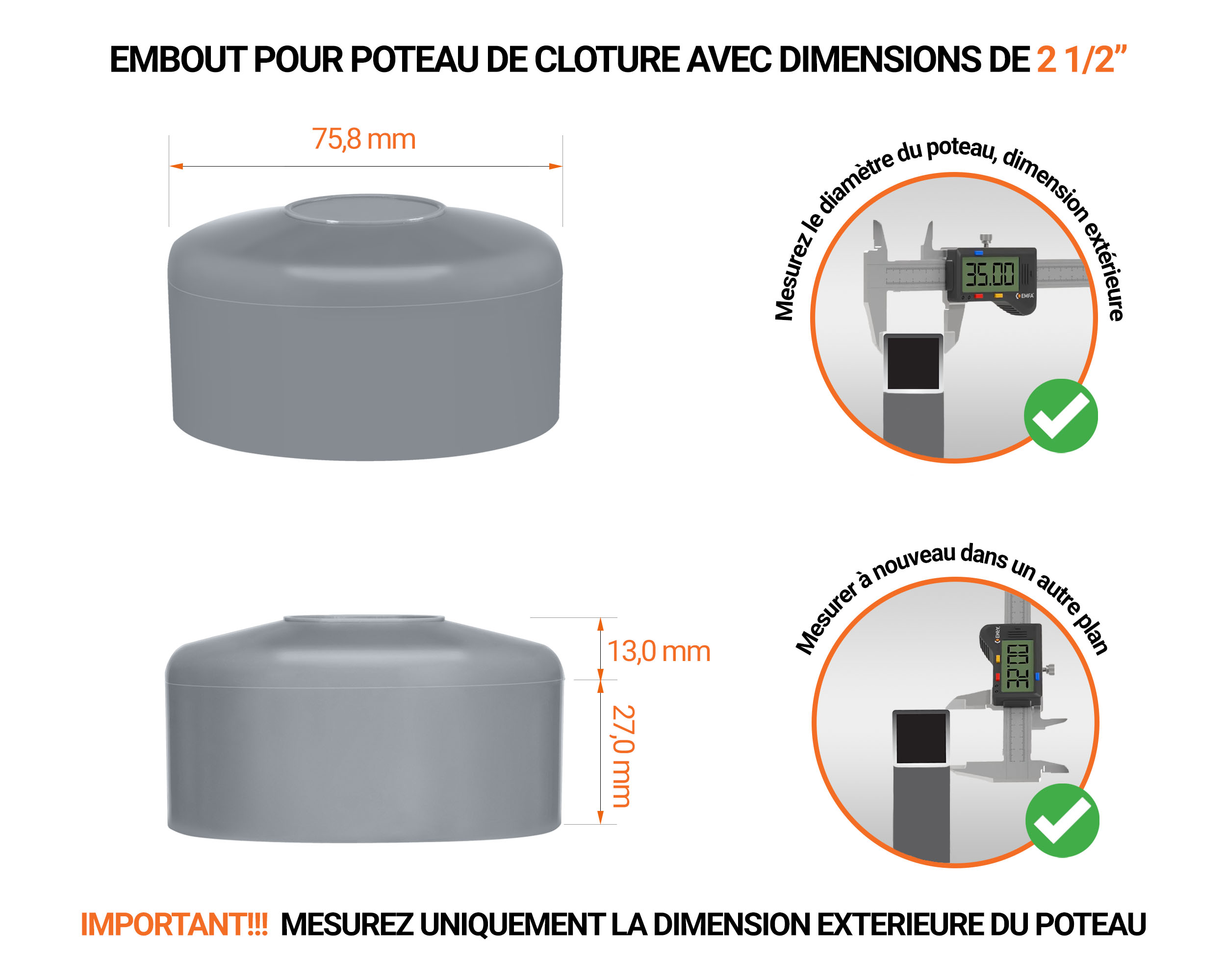 Capuchons pour poteaux ronds de couleur gris. Embout plastique pour des dimensions de poteaux de 2 1/2