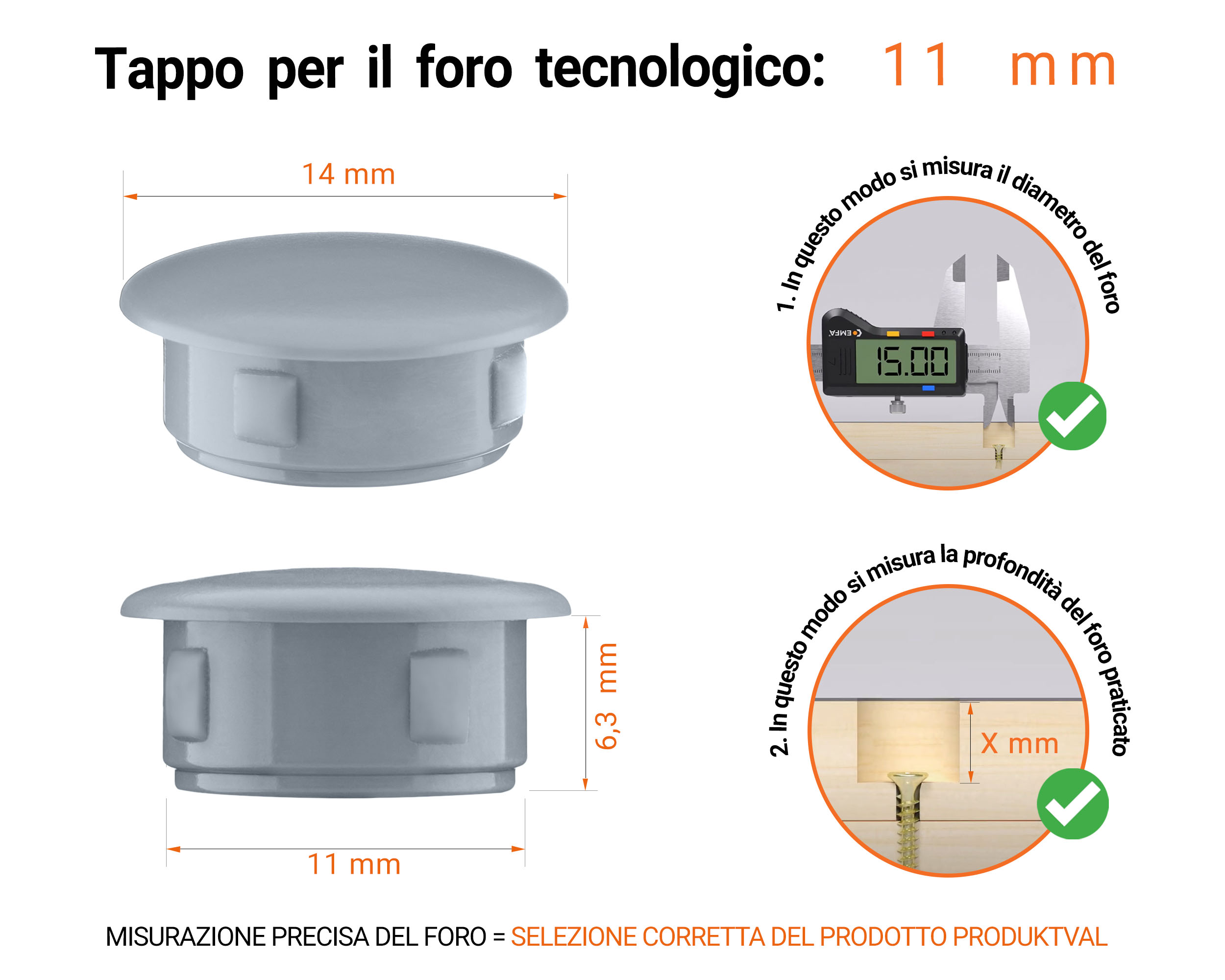 Tappo di plastica Grigio per fori da 14x11 mm, Tappi di chiusura, tappo per foro, copricapo per fori del diametro di 14x11 mm, coperture per viti, Tappi di plastica Grigio per fori da 14x11 mm, Tabella delle dimensioni tecniche e guida alla misurazione corretta