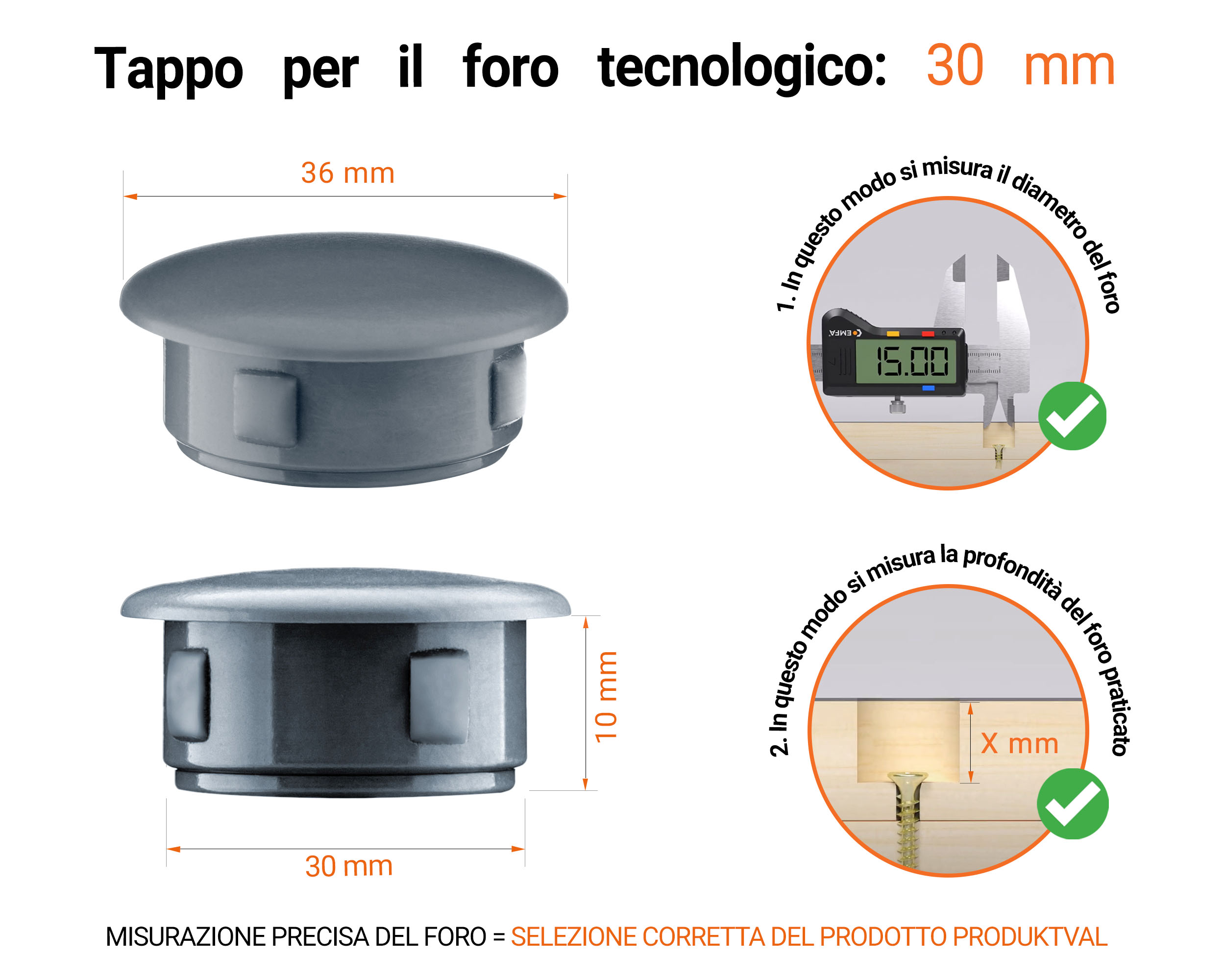 Tappo di plastica Antracite per fori da 36x30 mm, Tappi di chiusura, tappo per foro, copricapo per fori del diametro di 36x30 mm, coperture per viti, Tappi di plastica Antracite per fori da 36x30 mm, Tabella delle dimensioni tecniche e guida alla misurazione corretta