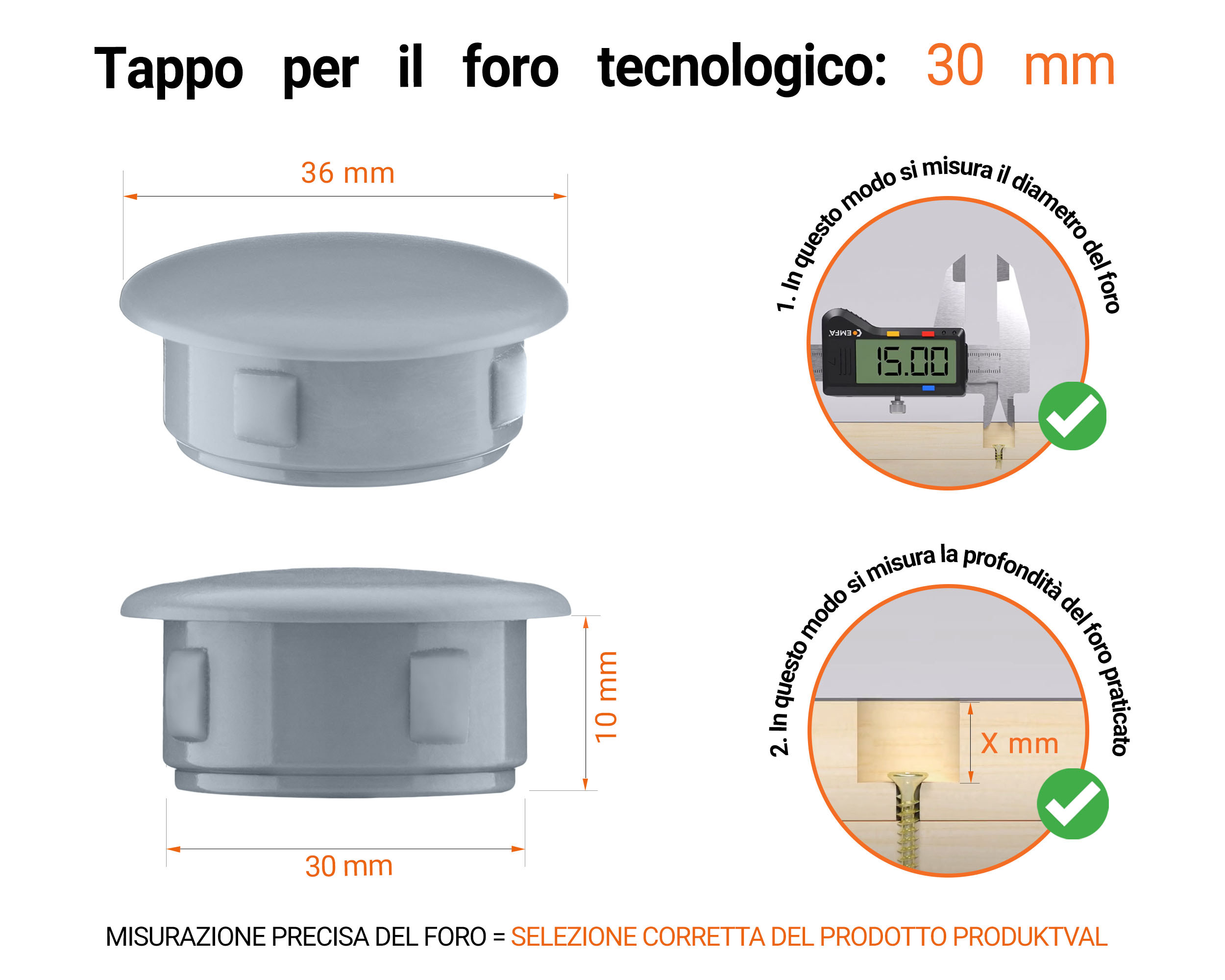 Tappo di plastica Grigio per fori da 36x30 mm, Tappi di chiusura, tappo per foro, copricapo per fori del diametro di 36x30 mm, coperture per viti, Tappi di plastica Grigio per fori da 36x30 mm, Tabella delle dimensioni tecniche e guida alla misurazione corretta