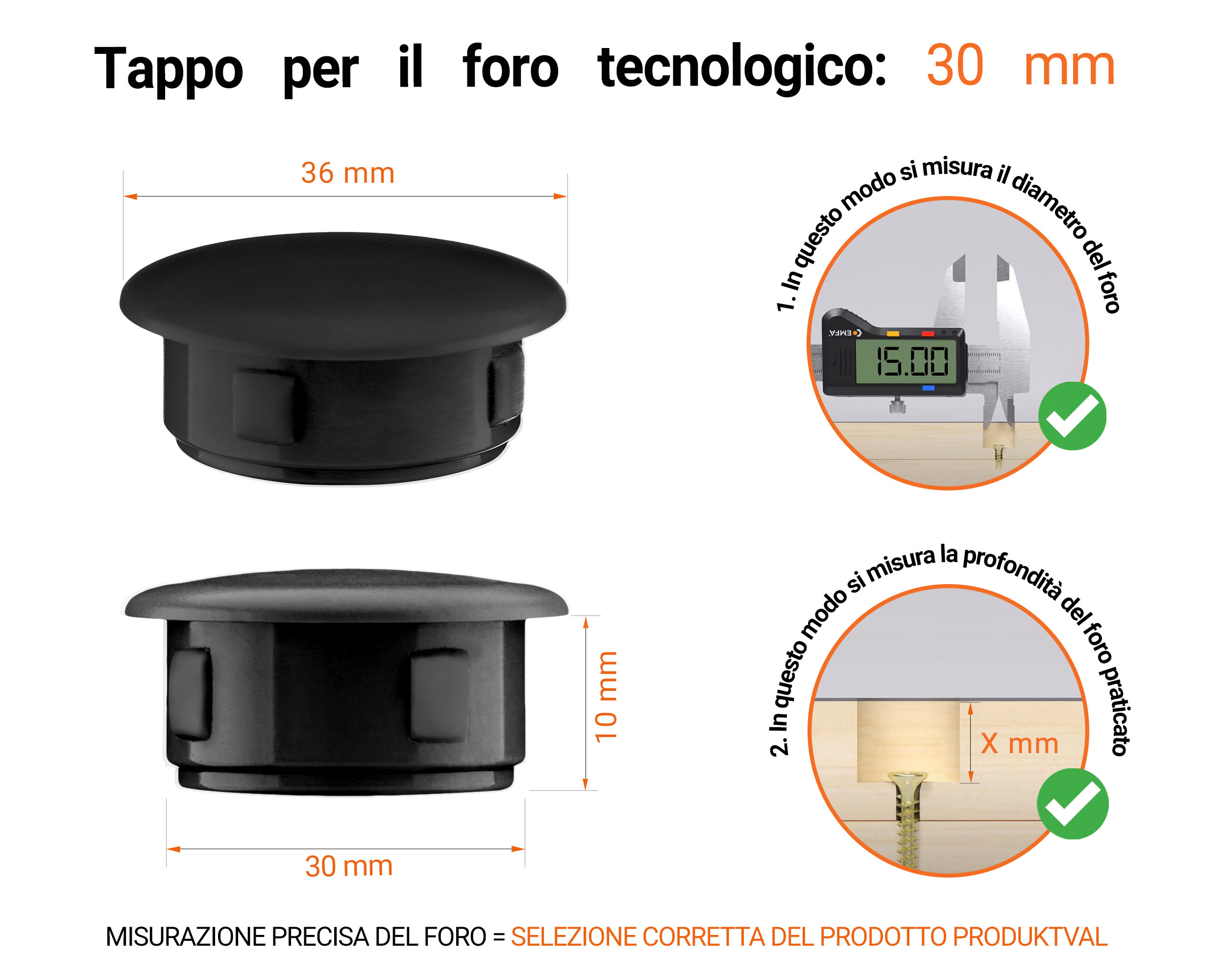 Tappo di plastica Nero per fori da 36x30 mm, Tappi di chiusura, tappo per foro, copricapo per fori del diametro di 36x30 mm, coperture per viti, Tappi di plastica Nero per fori da 36x30 mm, Tabella delle dimensioni tecniche e guida alla misurazione corretta