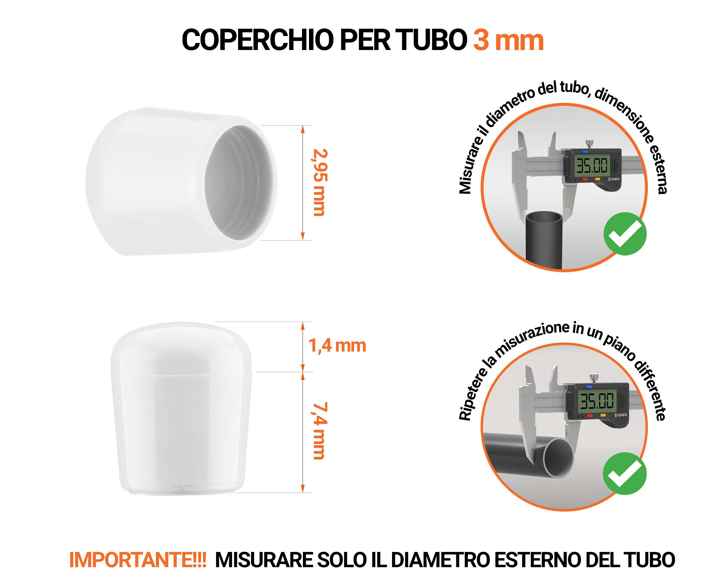 Tappi di chiusura Bianco per tubi rotondi con diametro esterno 3 mm, con dimensioni e guida per la corretta misurazione.