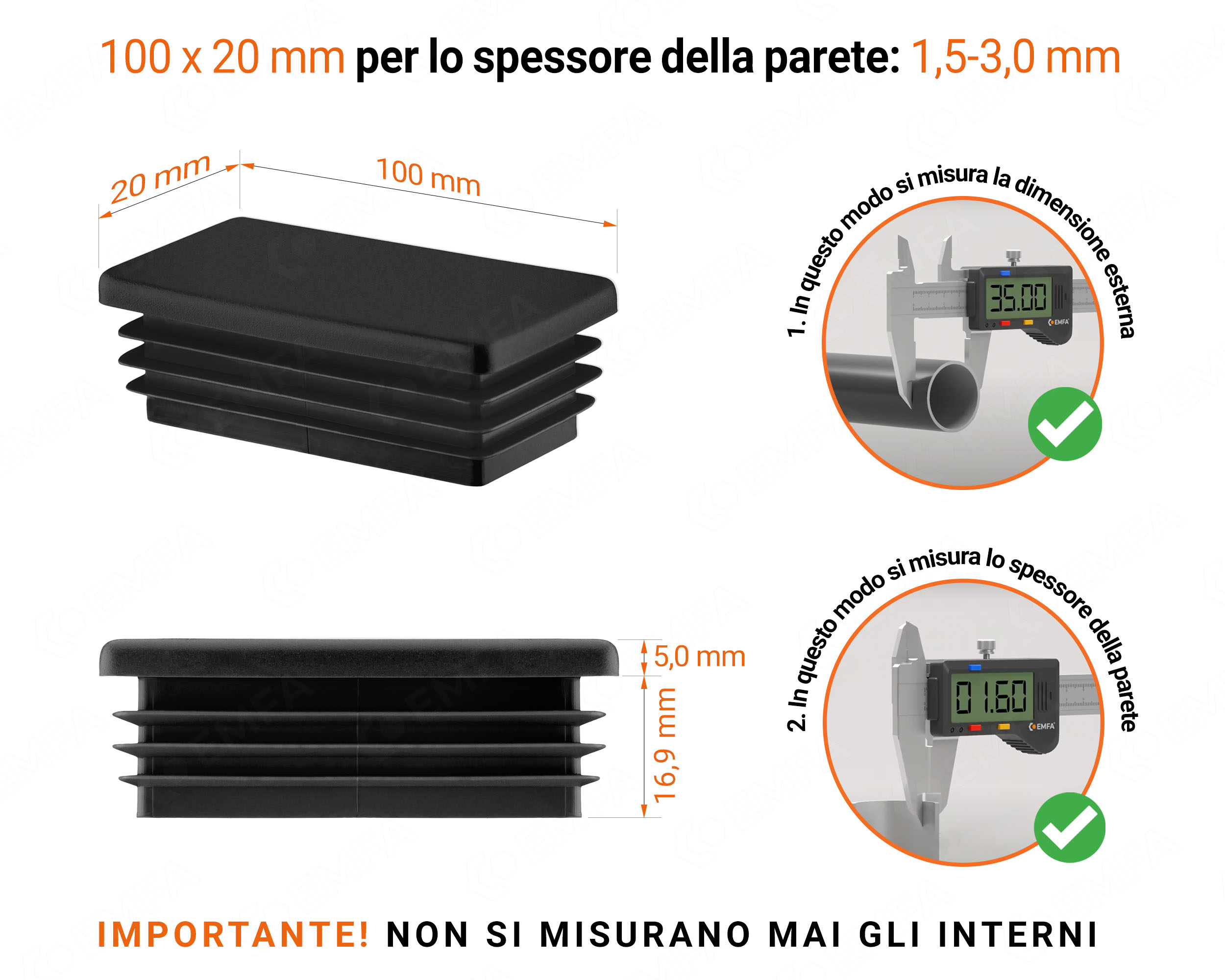 Inserto rettangolare colore Nero per tubo 20x100 mm con dimensioni tecniche e guida per la corretta misurazione dei tappi di chiusura.