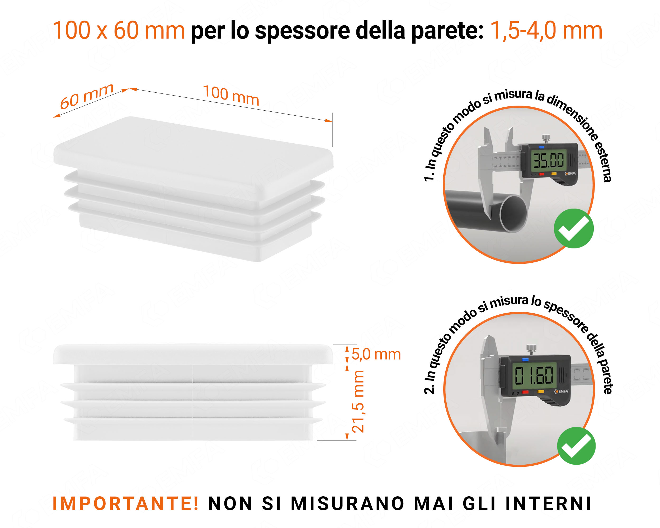 Inserto rettangolare colore Bianco per tubo 60x100 mm con dimensioni tecniche e guida per la corretta misurazione dei tappi di chiusura.