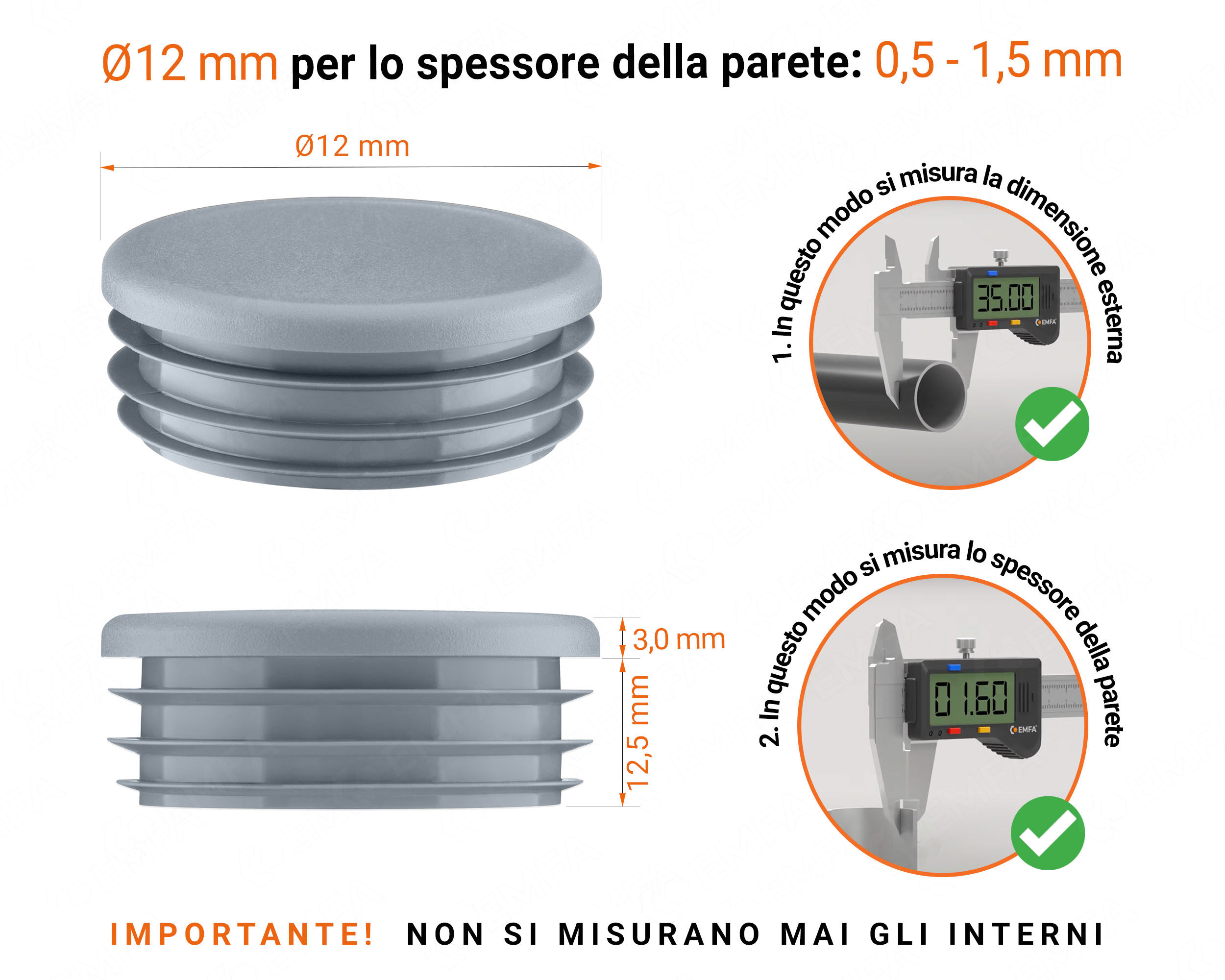 Inserti rotondi per sezione cava circolare 12 mm , Tappo rotondo in plastica colore Grigio, tappi di chiusura in plastica per tubi, Tappo di chiusura Grigio per tubo rotondo da 12 con dimensioni tecniche e guida alla misurazione corretta del tappo di chiusura in plastica.