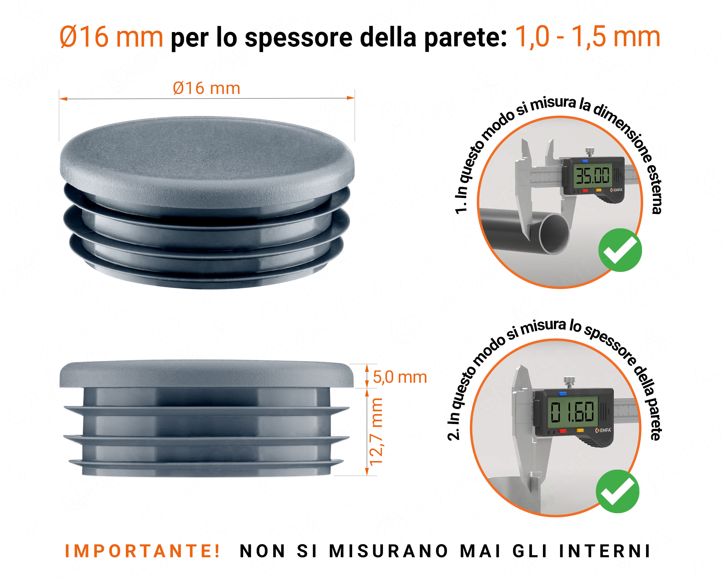 Inserti rotondi per sezione cava circolare 16 mm , Tappo rotondo in plastica colore Antracite, tappi di chiusura in plastica per tubi, Tappo di chiusura Antracite per tubo rotondo da 16 con dimensioni tecniche e guida alla misurazione corretta del tappo di chiusura in plastica.