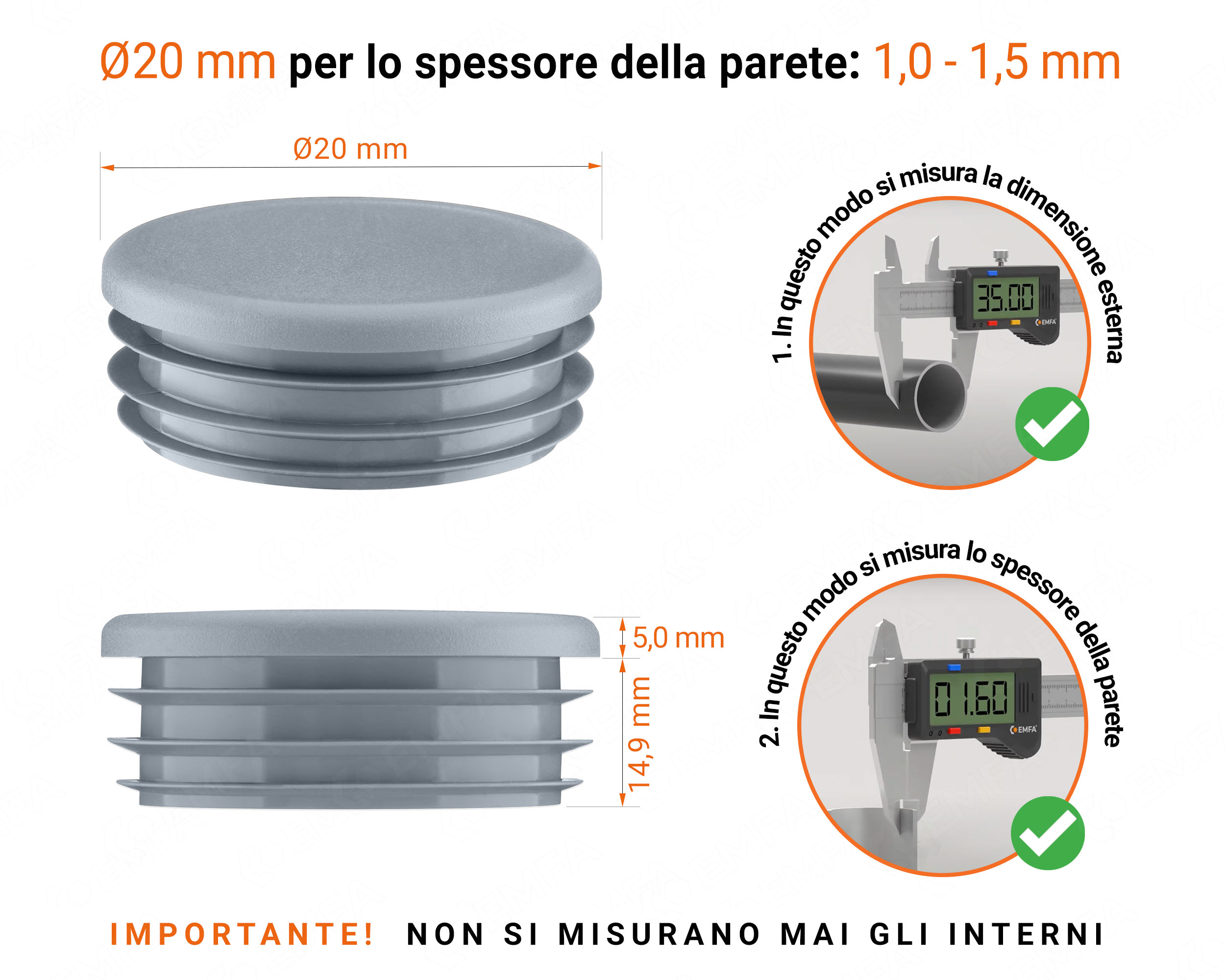 Inserti rotondi per sezione cava circolare 20 mm , Tappo rotondo in plastica colore Grigio, tappi di chiusura in plastica per tubi, Tappo di chiusura Grigio per tubo rotondo da 20 con dimensioni tecniche e guida alla misurazione corretta del tappo di chiusura in plastica.