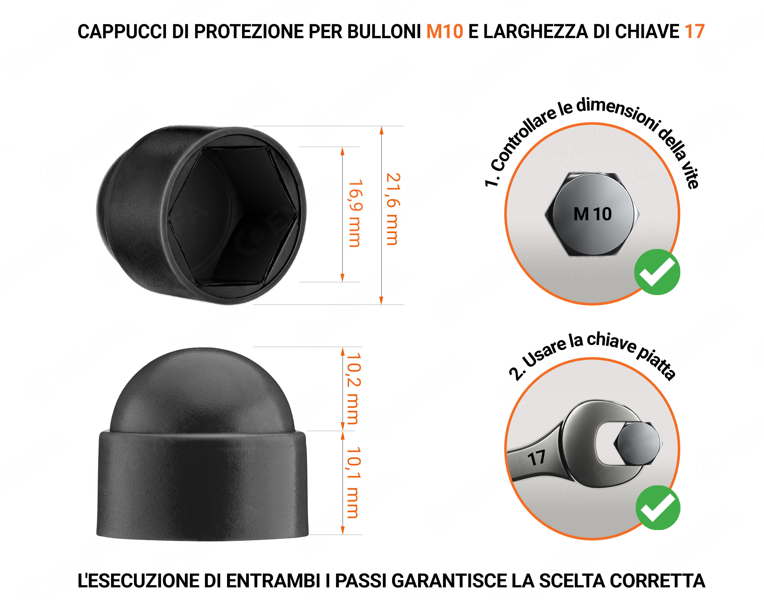 Cappuccio in plastica per vite M10, cappuccio per dado M10 e chiave da 17 in colore Nero con dimensioni e guida per la corretta misurazione del cappuccio per vite in plastica.