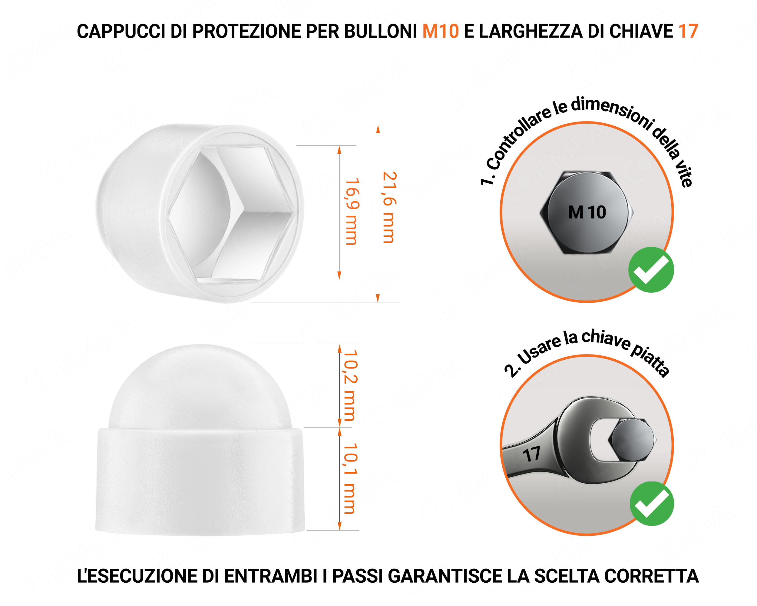 Cappuccio in plastica per vite M10, cappuccio per dado M10 e chiave da 17 in colore Bianco con dimensioni e guida per la corretta misurazione del cappuccio per vite in plastica.