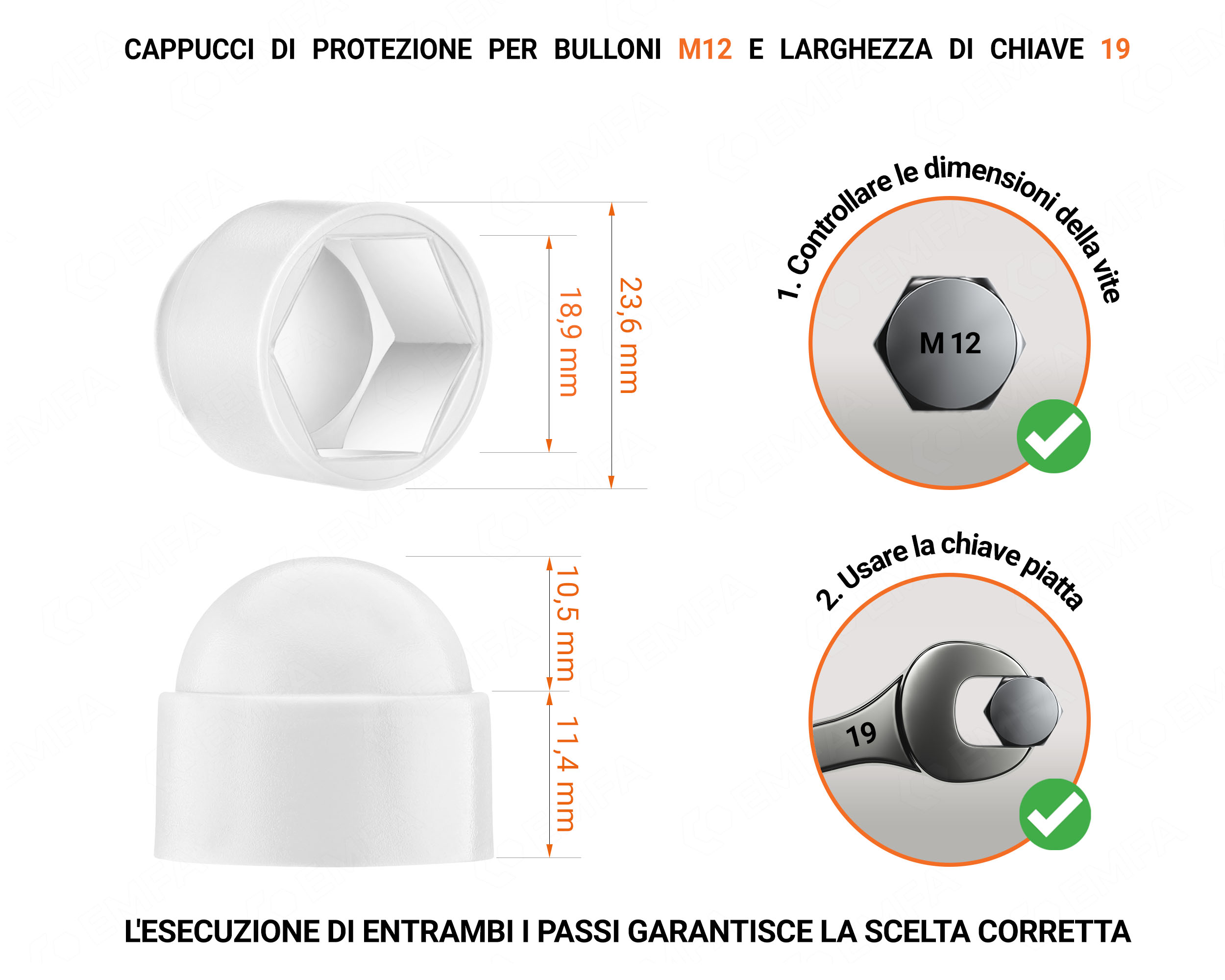 Cappuccio in plastica per vite M12, cappuccio per dado M12 e chiave da 19 in colore Bianco con dimensioni e guida per la corretta misurazione del cappuccio per vite in plastica.