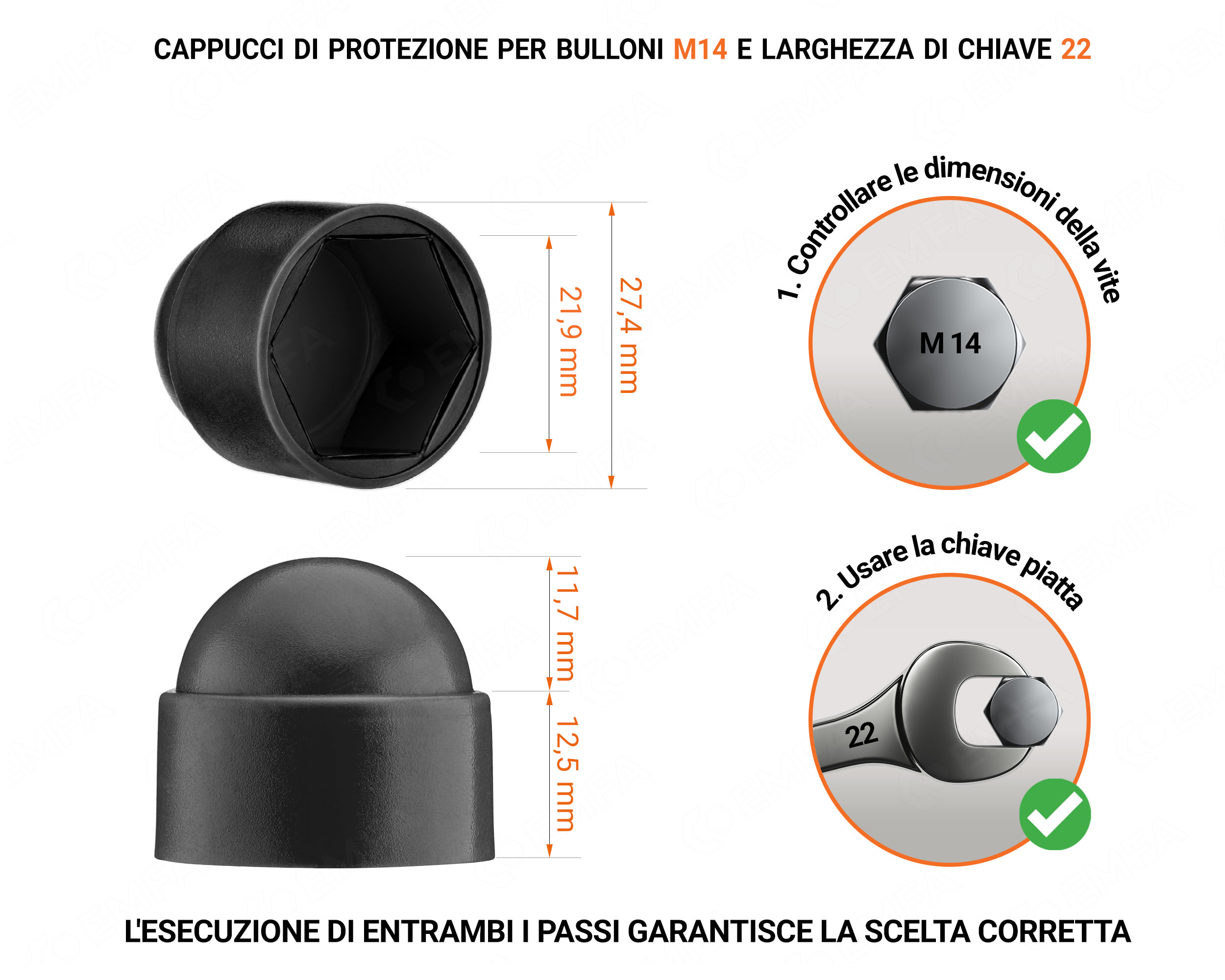 Cappuccio in plastica per vite M14, cappuccio per dado M14 e chiave da 22 in colore Nero con dimensioni e guida per la corretta misurazione del cappuccio per vite in plastica.