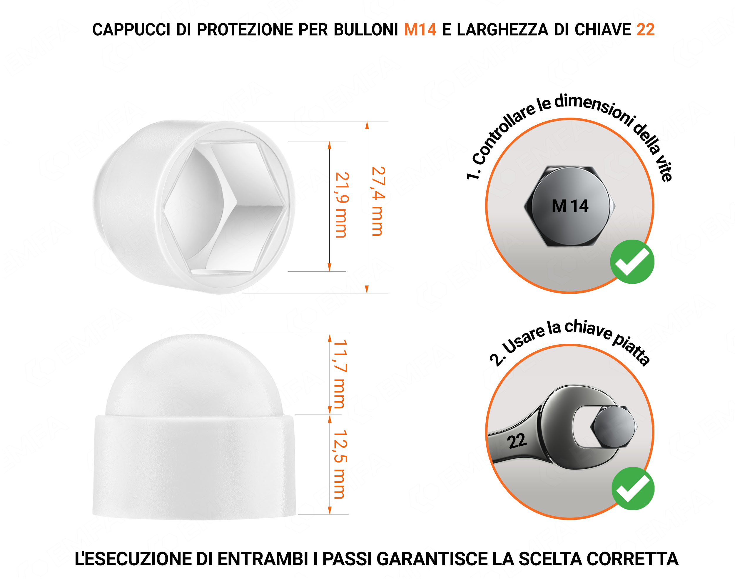 Cappuccio in plastica per vite M14, cappuccio per dado M14 e chiave da 22 in colore Bianco con dimensioni e guida per la corretta misurazione del cappuccio per vite in plastica.