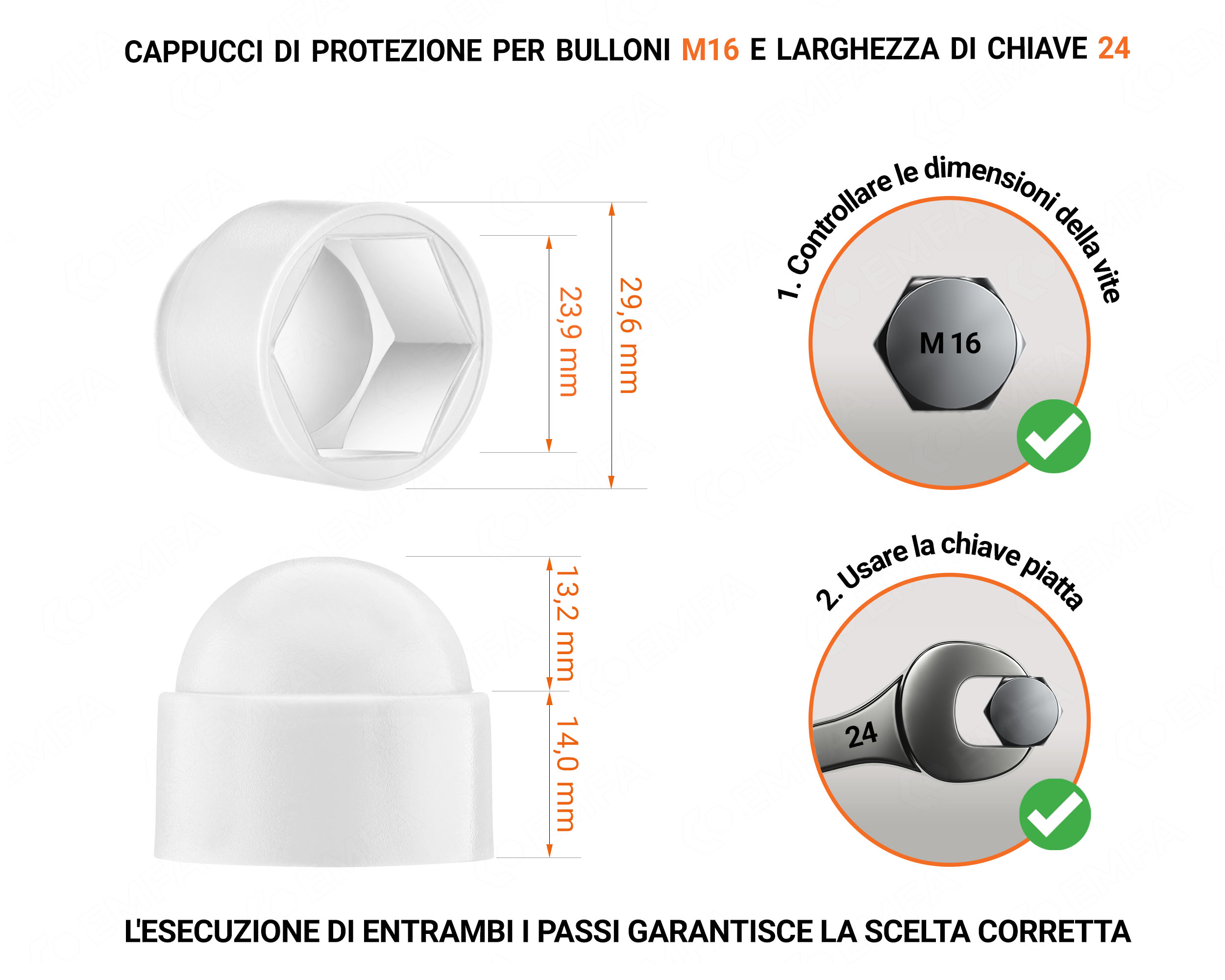 Cappuccio in plastica per vite M16, cappuccio per dado M16 e chiave da 24 in colore Bianco con dimensioni e guida per la corretta misurazione del cappuccio per vite in plastica.