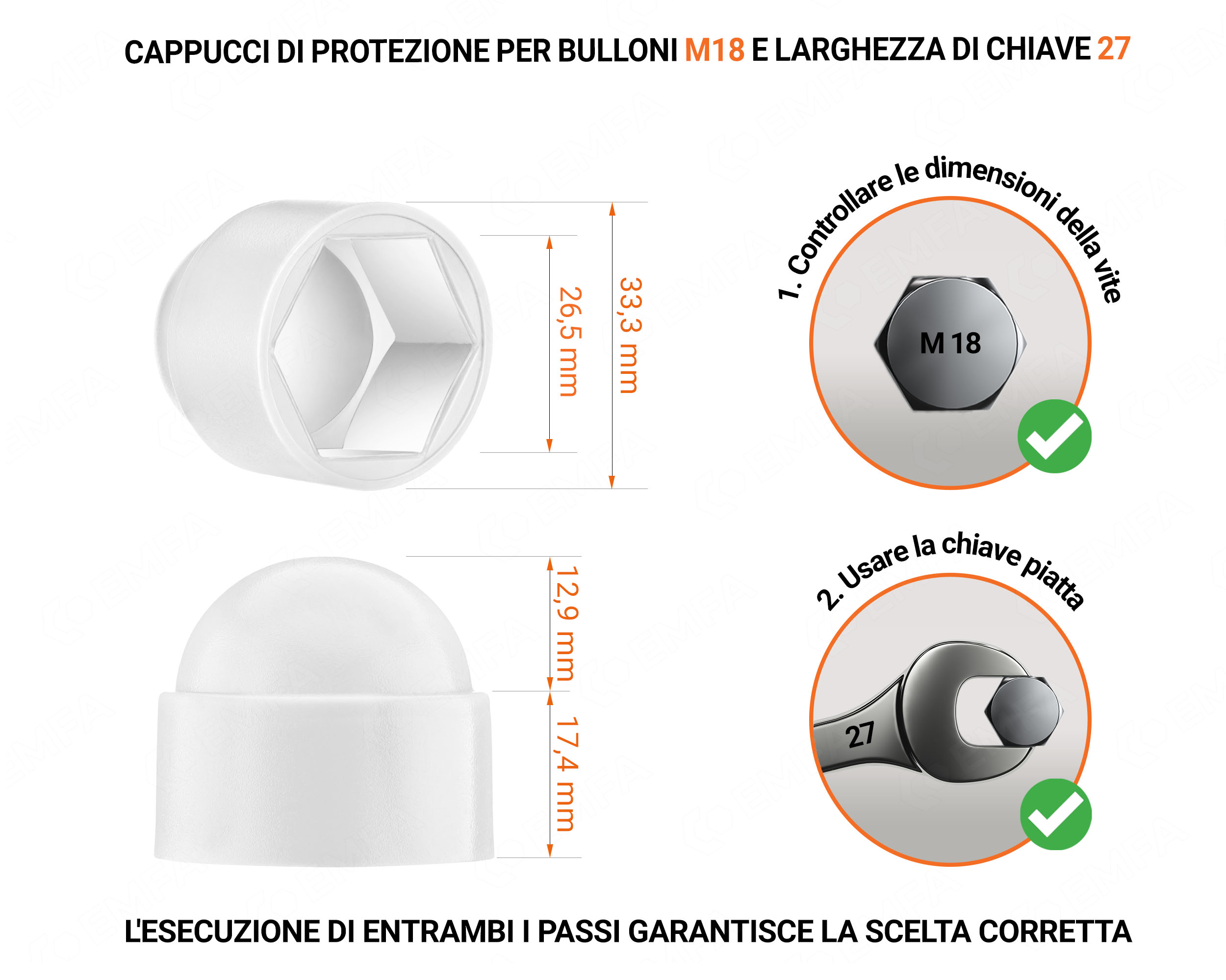 Cappuccio in plastica per vite M18, cappuccio per dado M18 e chiave da 27 in colore Bianco con dimensioni e guida per la corretta misurazione del cappuccio per vite in plastica.