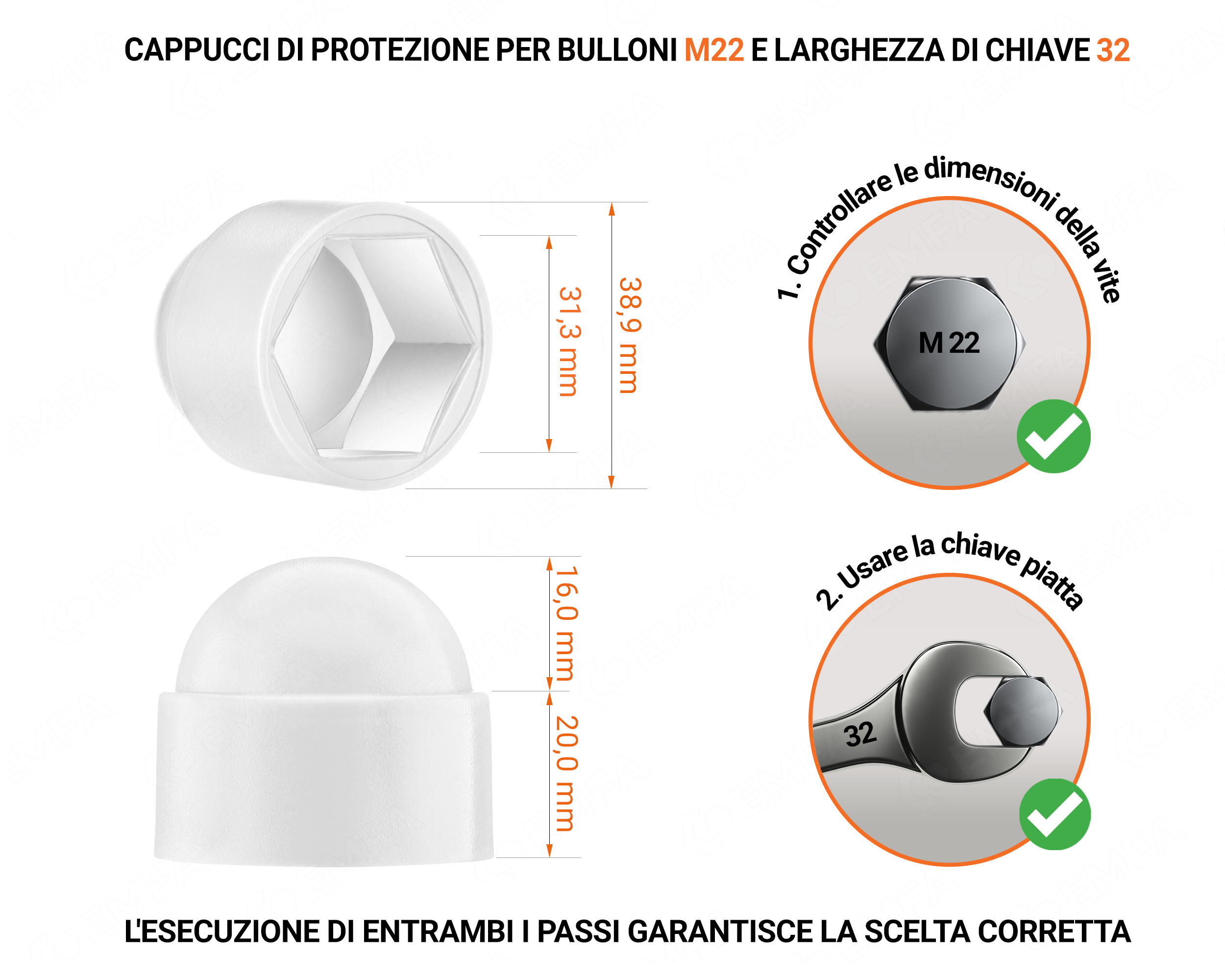 Cappuccio in plastica per vite M22, cappuccio per dado M22 e chiave da 32 in colore Bianco con dimensioni e guida per la corretta misurazione del cappuccio per vite in plastica.