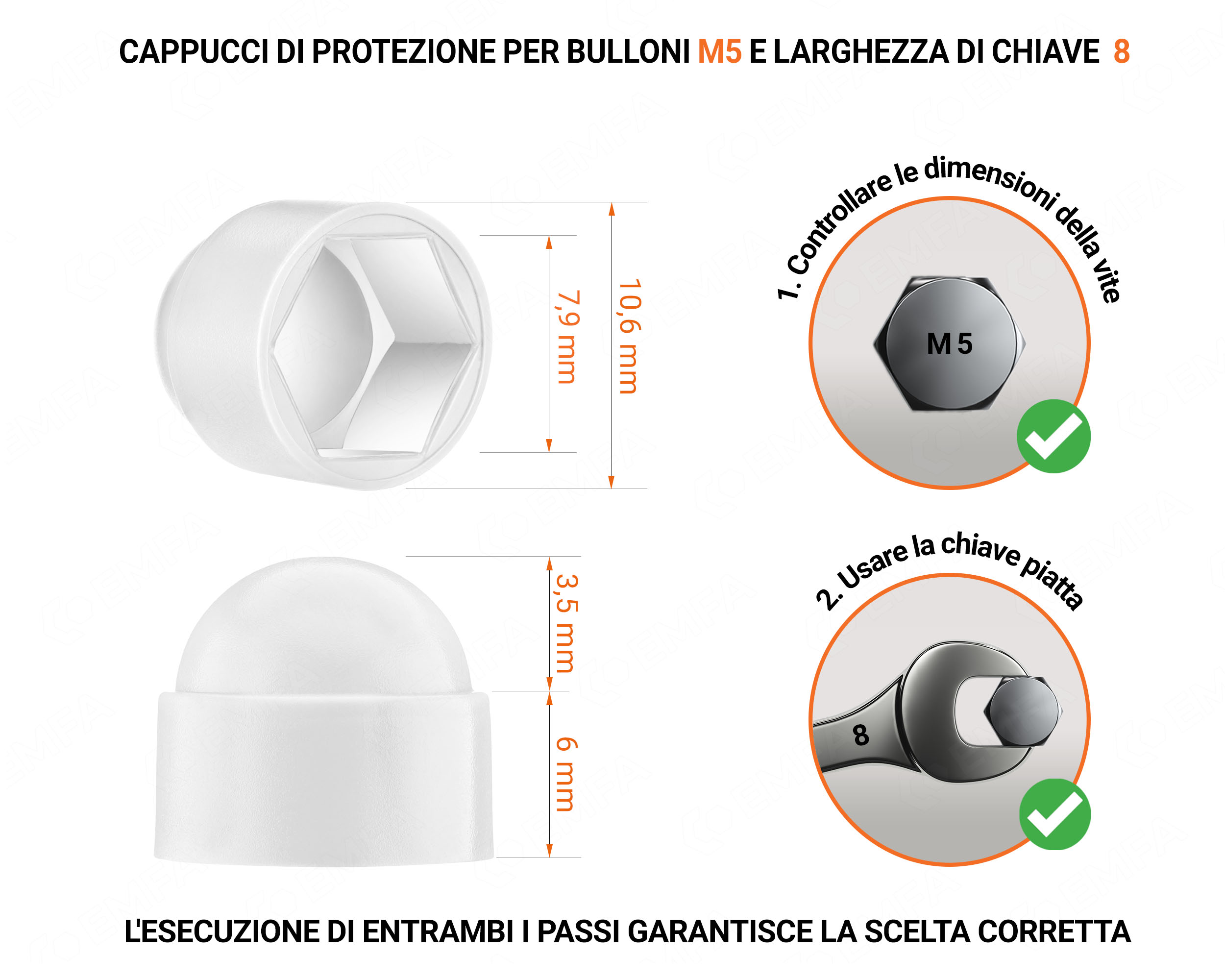 Cappuccio in plastica per vite M5, cappuccio per dado M5 e chiave da 8 in colore Bianco con dimensioni e guida per la corretta misurazione del cappuccio per vite in plastica.