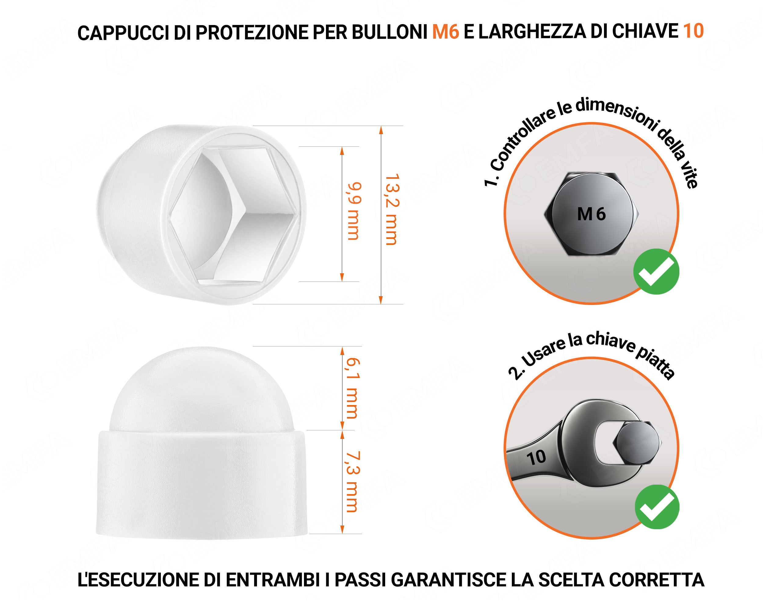 Cappuccio in plastica per vite M6, cappuccio per dado M6 e chiave da 10 in colore Bianco con dimensioni e guida per la corretta misurazione del cappuccio per vite in plastica.