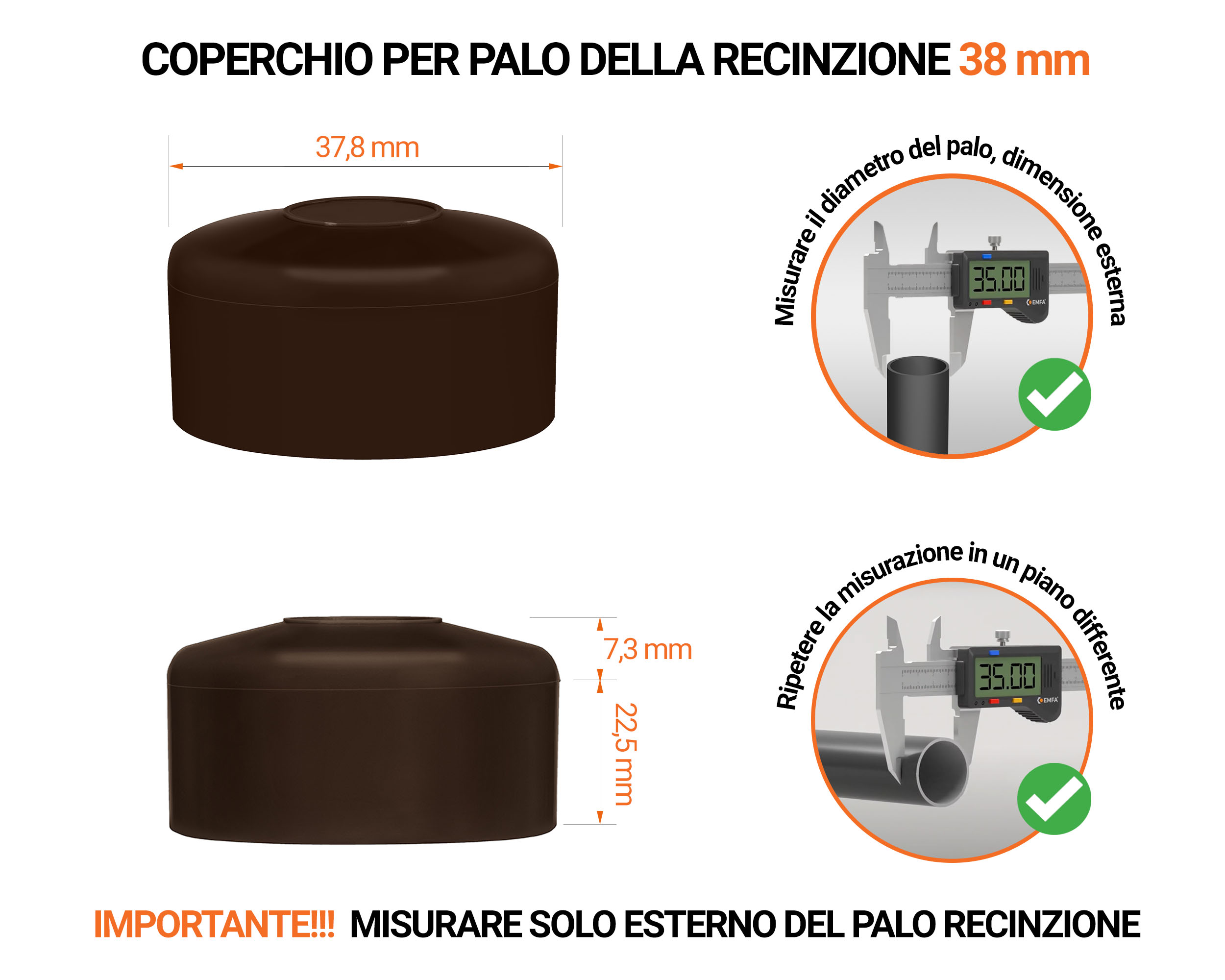 Tappo per palo rotondo 38 mm di colore Marrone, realizzato in polietilene di alta qualità - resistente alle intemperie. Scopri tutta la nostra selezione!