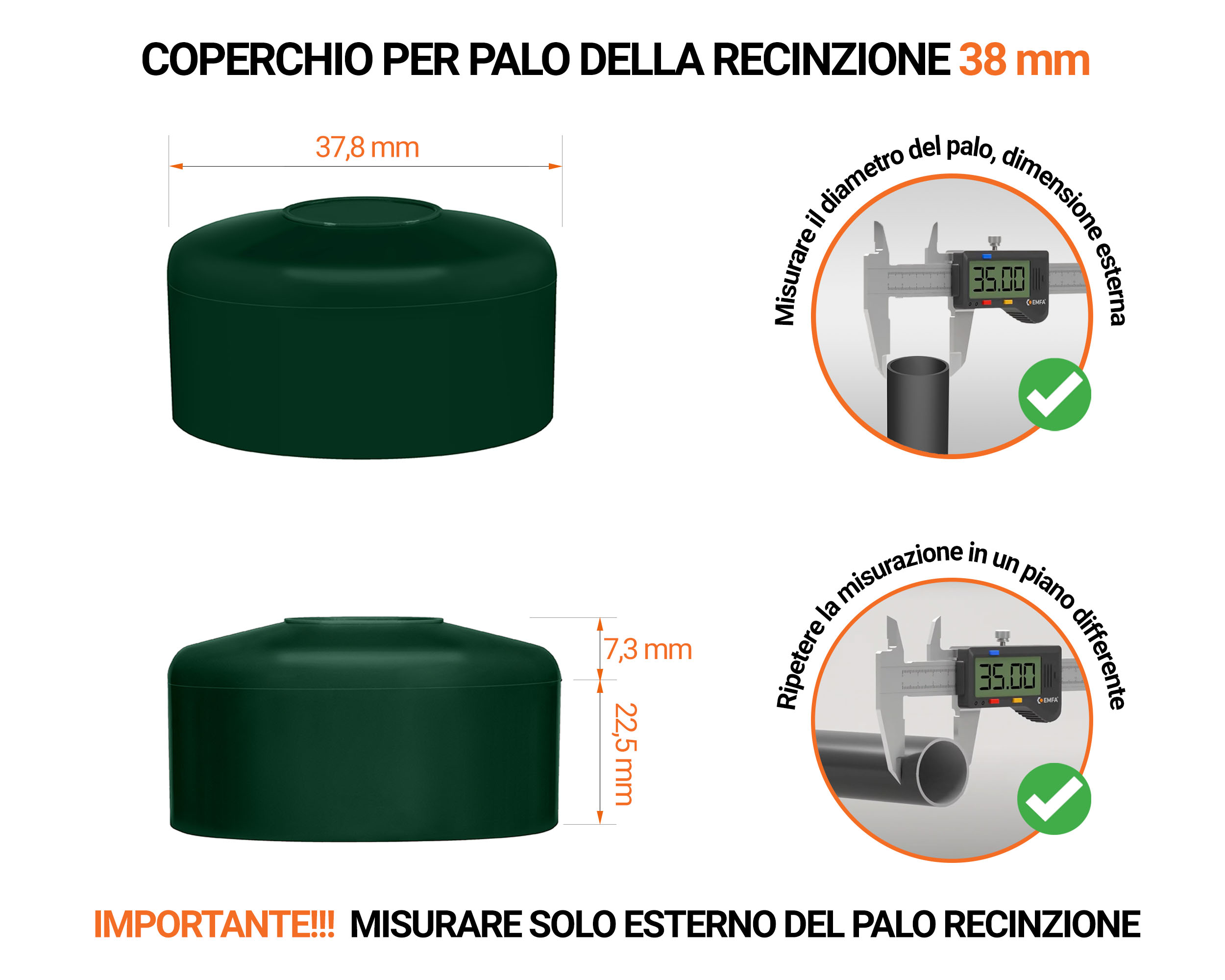 Tappo per palo rotondo 38 mm di colore Verde, realizzato in polietilene di alta qualità - resistente alle intemperie. Scopri tutta la nostra selezione!