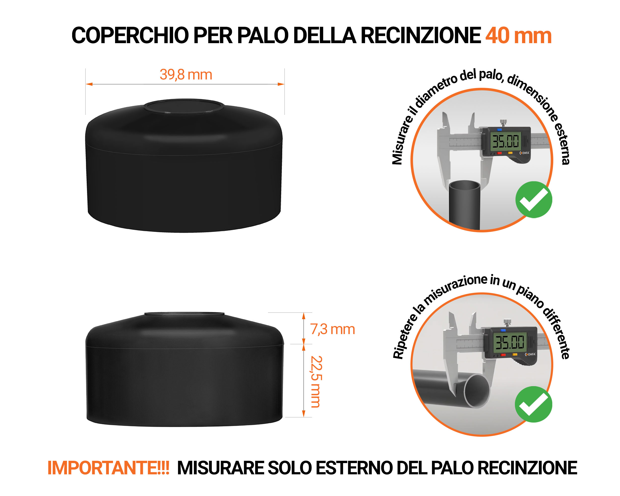 Tappo per palo rotondo 40 mm di colore Nero, realizzato in polietilene di alta qualità - resistente alle intemperie. Scopri tutta la nostra selezione!