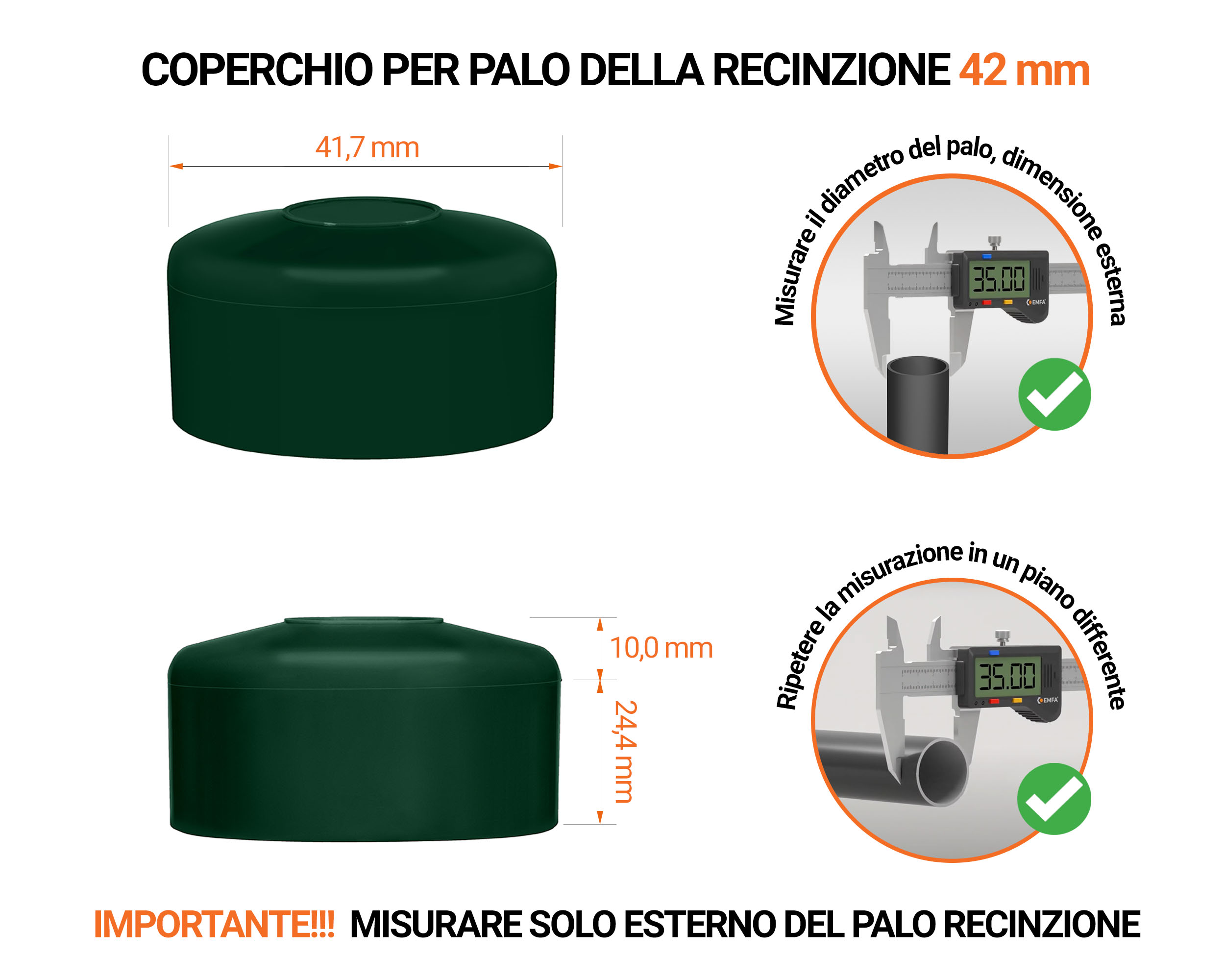 Tappo per palo rotondo 42 mm di colore Verde, realizzato in polietilene di alta qualità - resistente alle intemperie. Scopri tutta la nostra selezione!