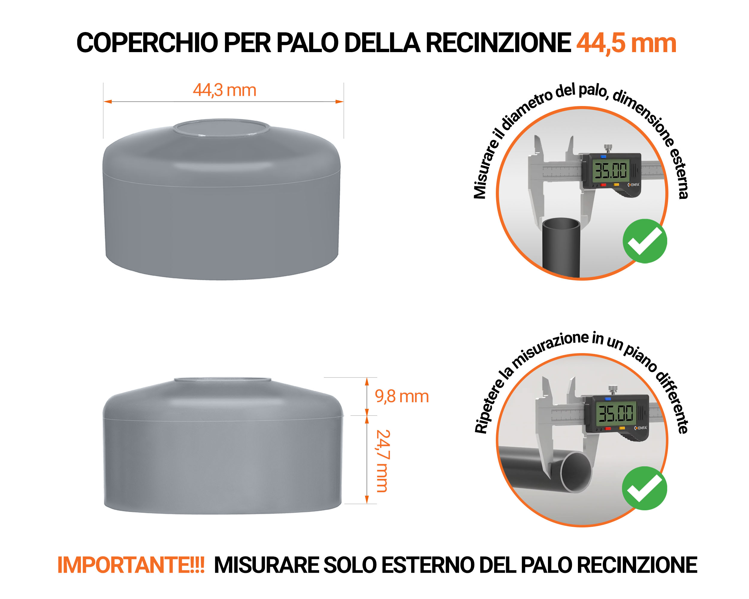 Tappo per palo rotondo 44,5 mm di colore Grigio, realizzato in polietilene di alta qualità - resistente alle intemperie. Scopri tutta la nostra selezione!