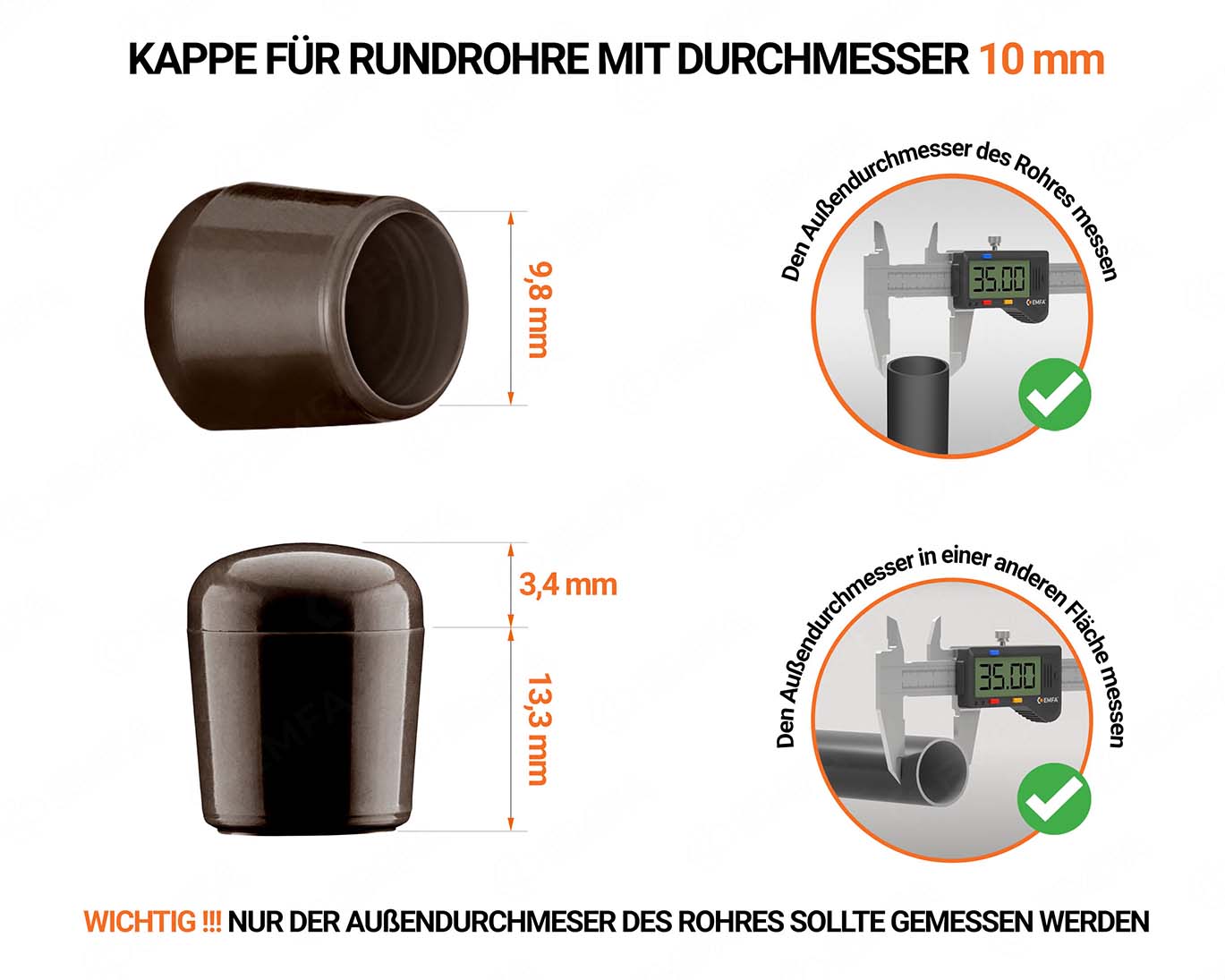 Braune Endkappen für Rundrohre Außendurchmesser 10 mm mit technischen Abmessungen und Anleitung für korrekte Messung