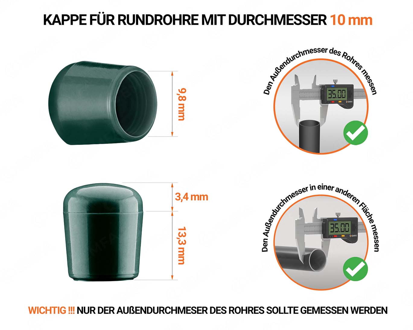 Grüne Endkappen für Rundrohre Außendurchmesser 10 mm mit technischen Abmessungen und Anleitung für korrekte Messung