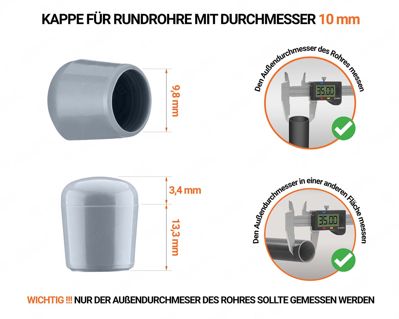 Graue Endkappen für Rundrohre Außendurchmesser 10 mm mit technischen Abmessungen und Anleitung für korrekte Messung