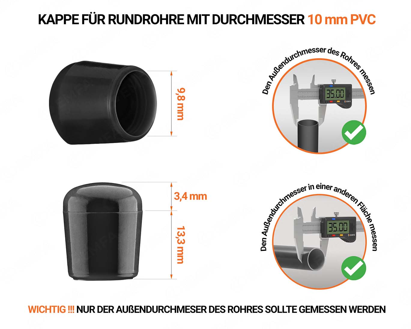 Schwarze Endkappen für Rundrohre Außendurchmesser PVC 10 mm mit technischen Abmessungen und Anleitung für korrekte Messung