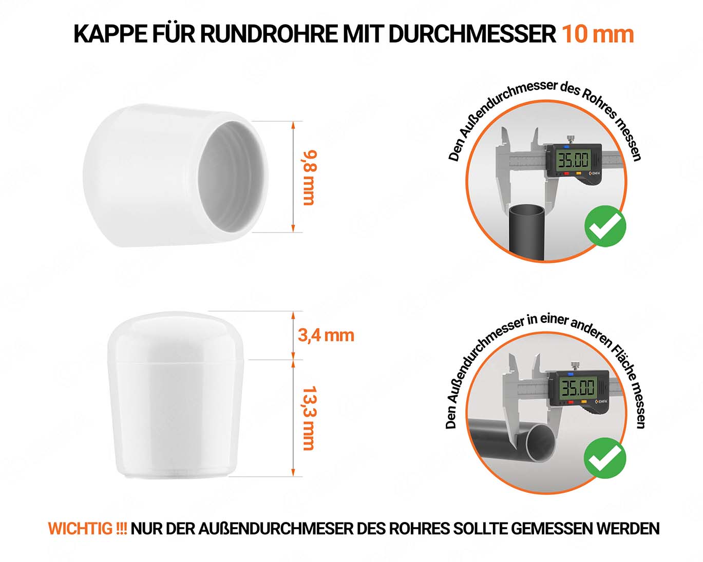 Weiße Endkappen für Rundrohre Außendurchmesser 10 mm mit technischen Abmessungen und Anleitung für korrekte Messung