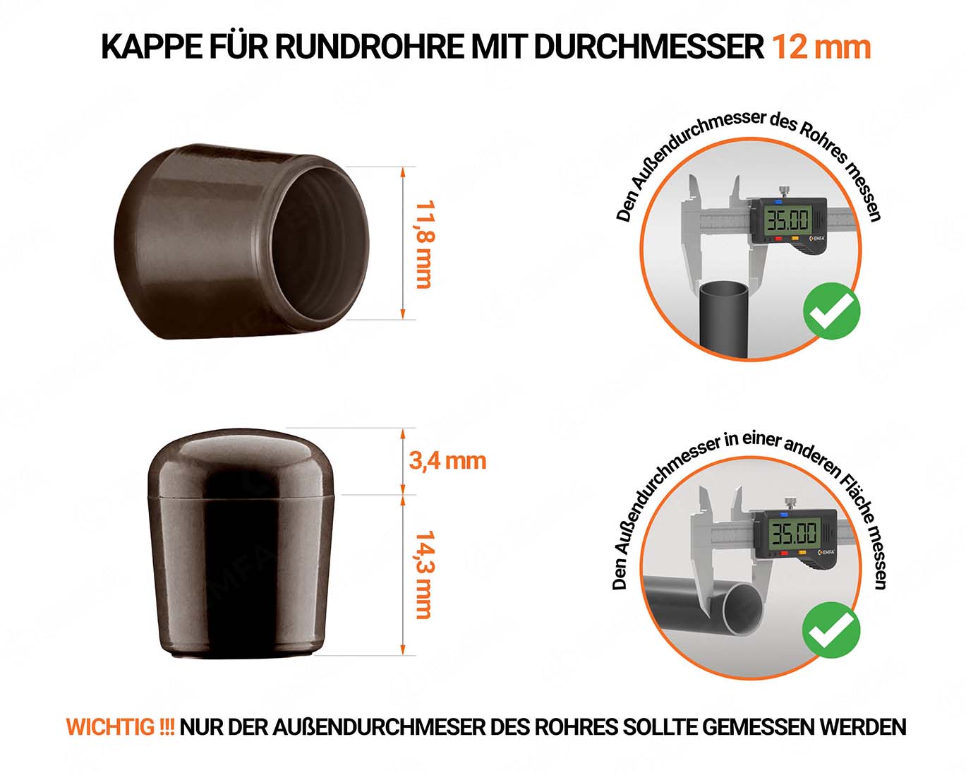 Braune Endkappen für Rundrohre Außendurchmesser 12 mm mit technischen Abmessungen und Anleitung für korrekte Messung