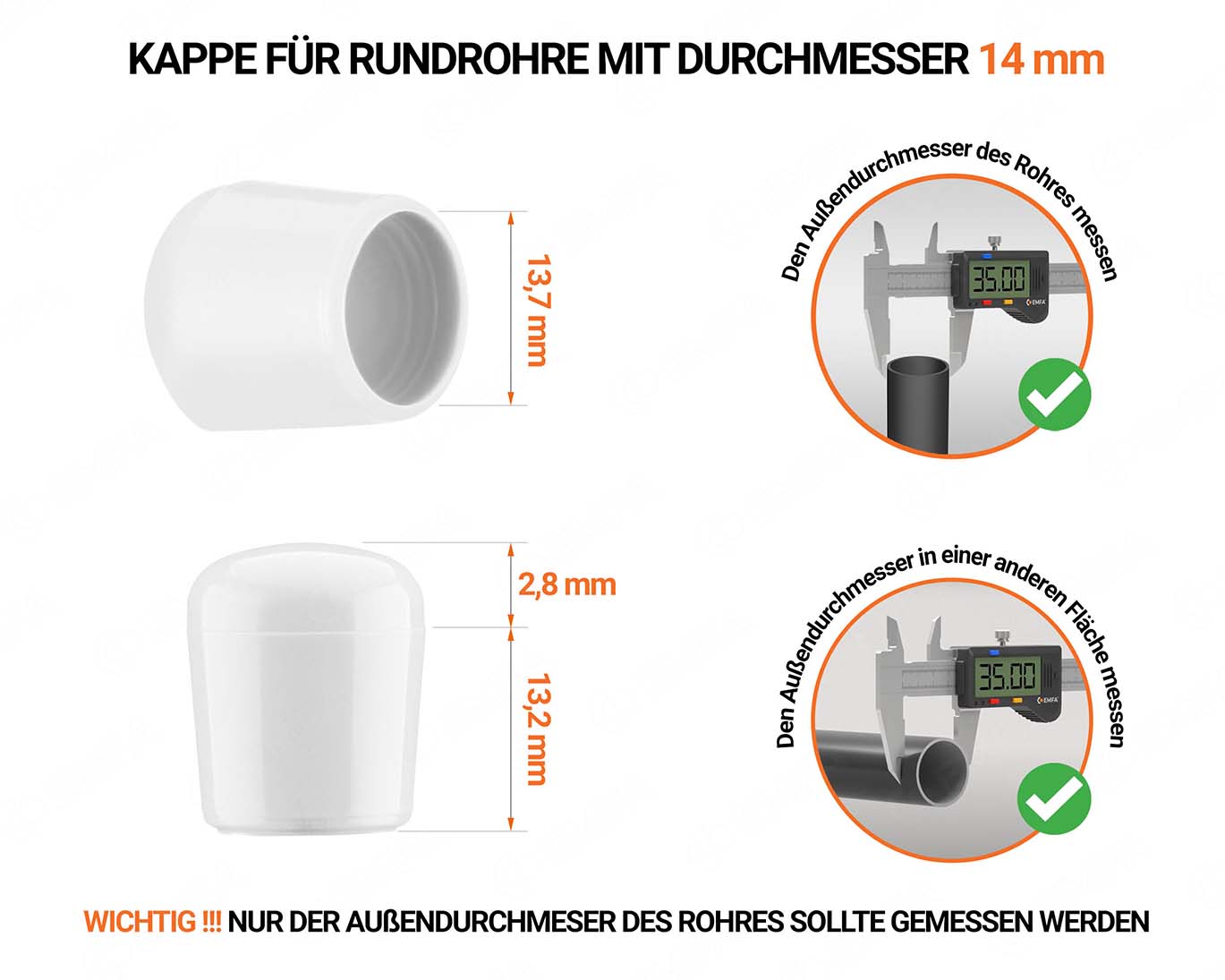 Weiße Endkappen für Rundrohre Außendurchmesser 14 mm mit technischen Abmessungen und Anleitung für korrekte Messung